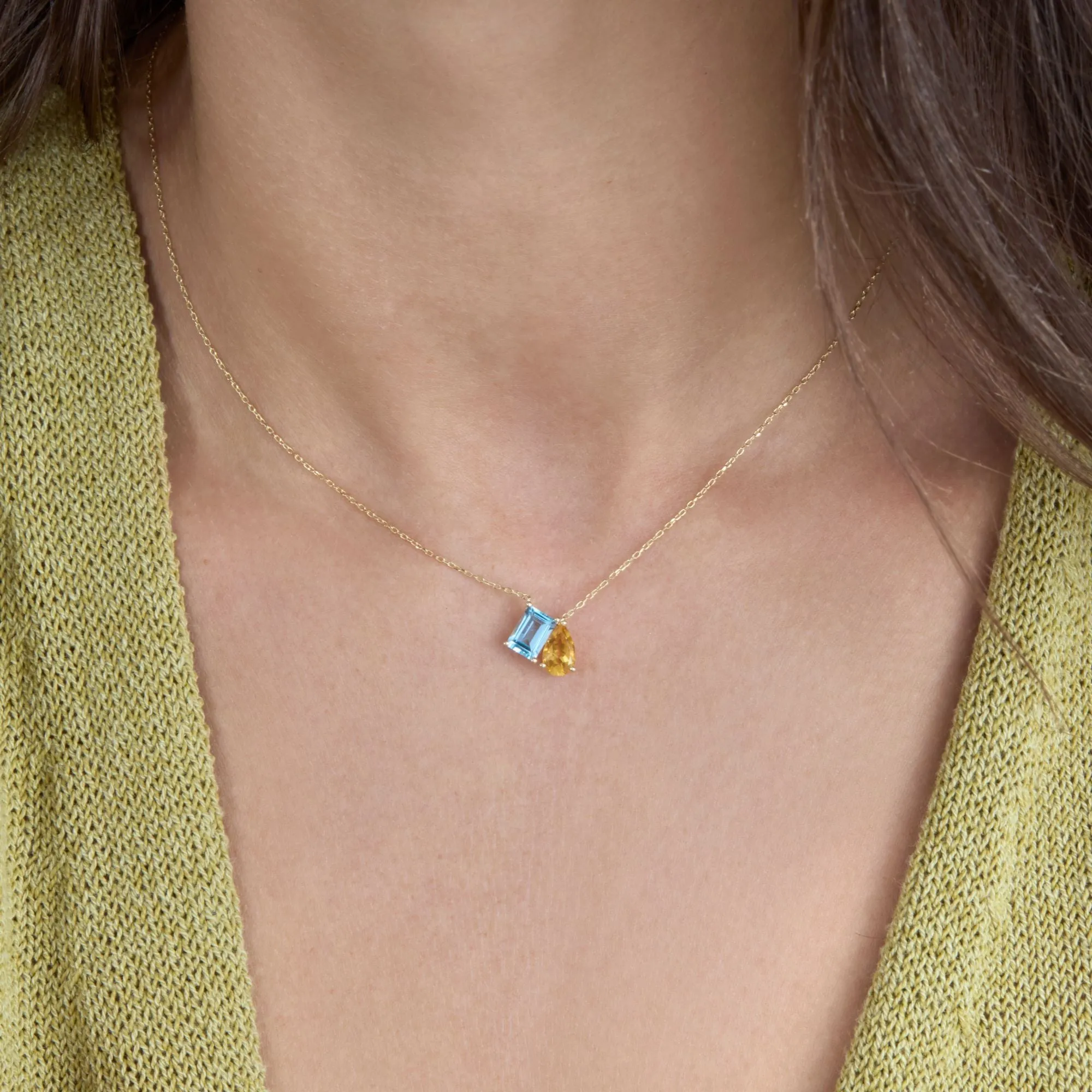 Blue Topaz and Citrine Toi et Moi Necklace, Grace