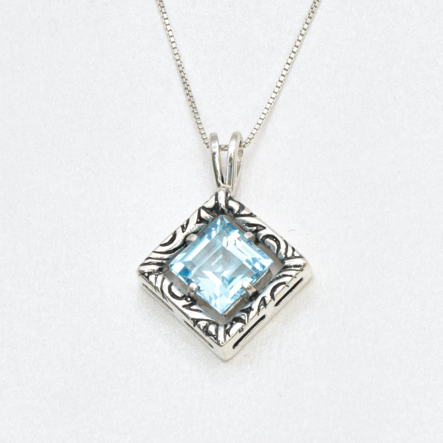 Blue Topaz Boho Pendant - December Birthstone Necklace - Blue Square Necklace