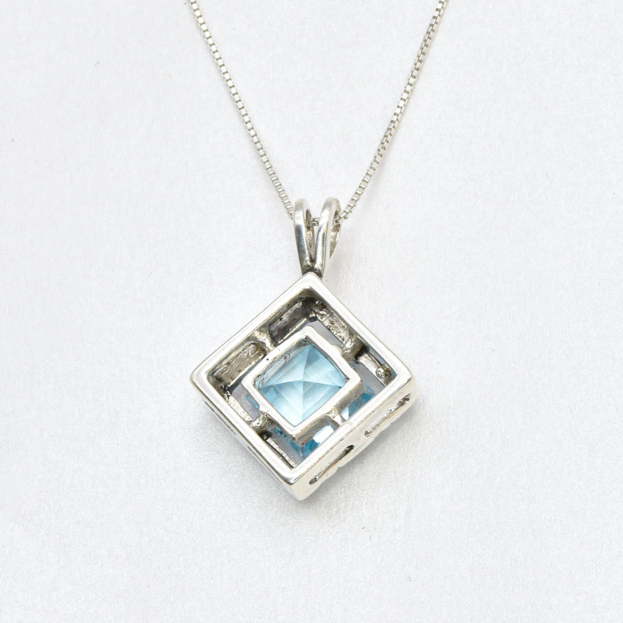 Blue Topaz Boho Pendant - December Birthstone Necklace - Blue Square Necklace