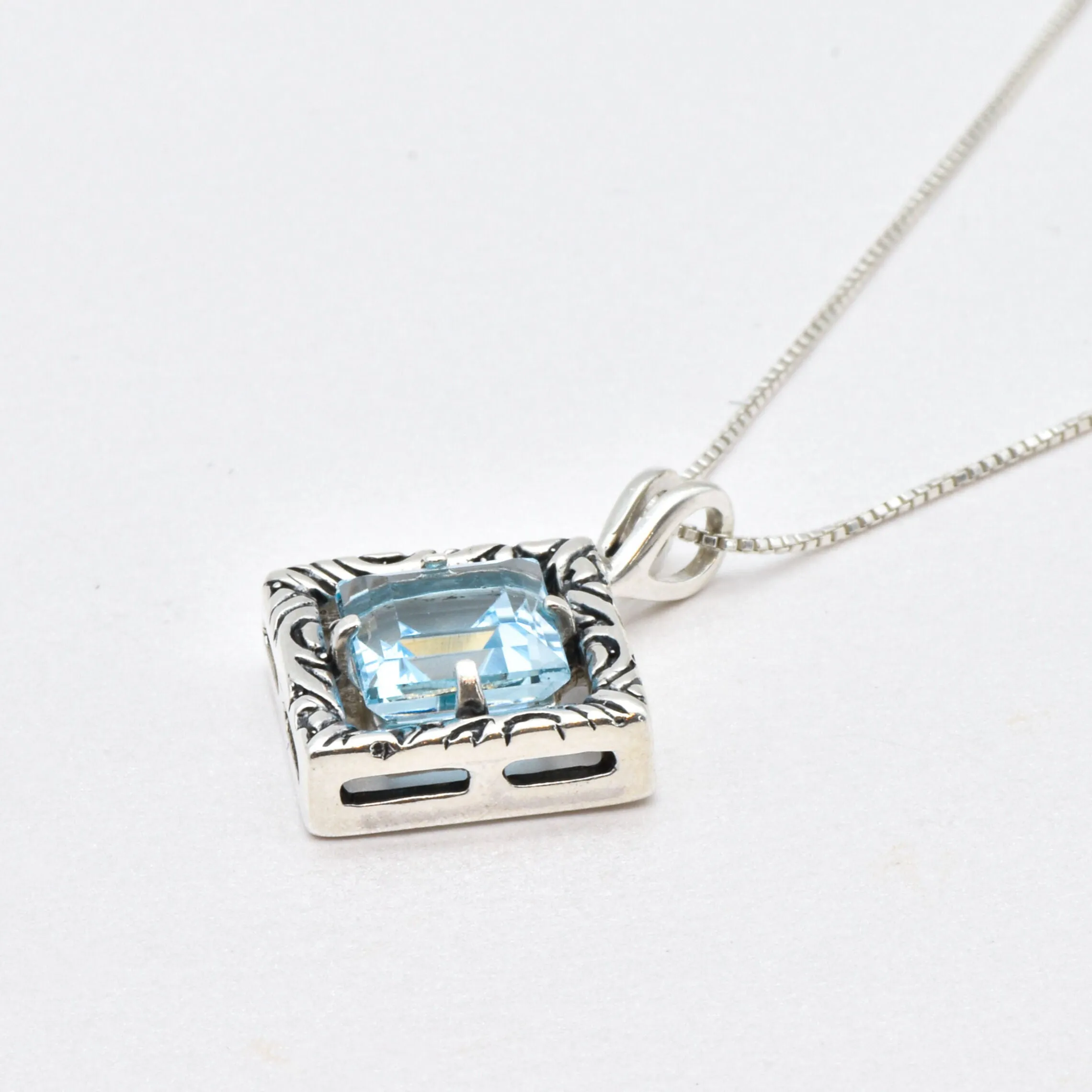 Blue Topaz Boho Pendant - December Birthstone Necklace - Blue Square Necklace