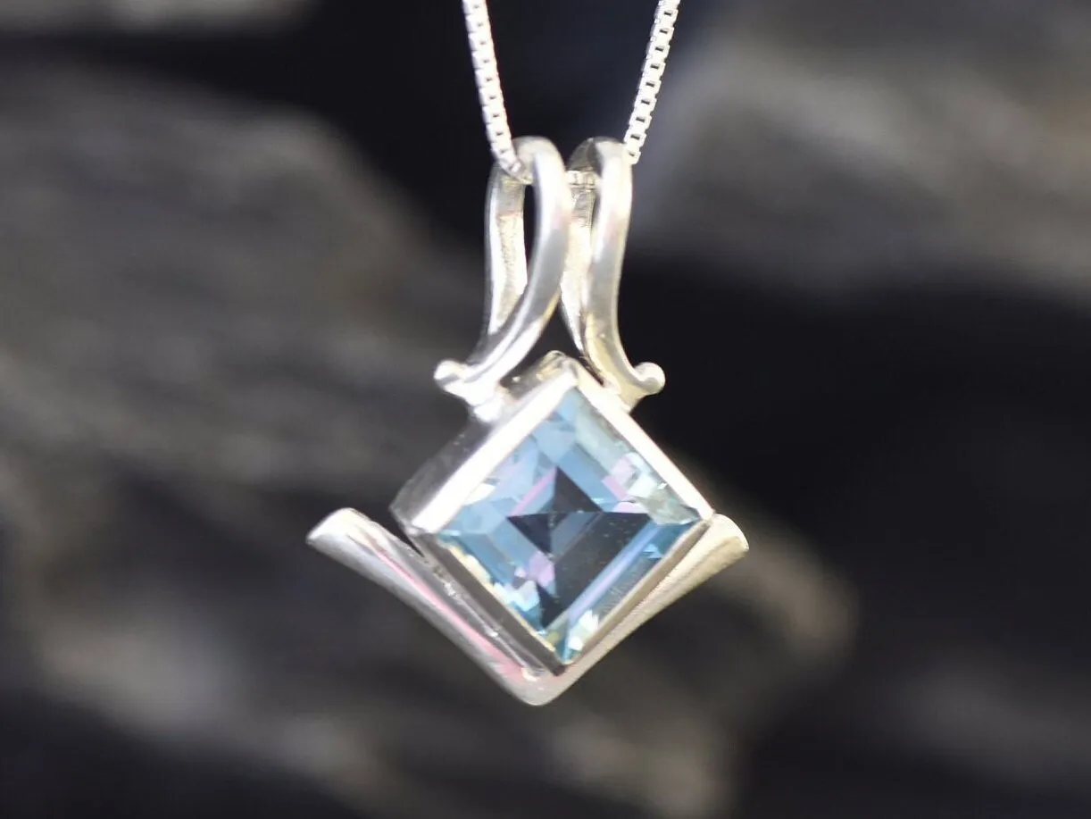 Blue Topaz Necklace - Vintage Square Necklace - Sky Blue Bezel Pendant