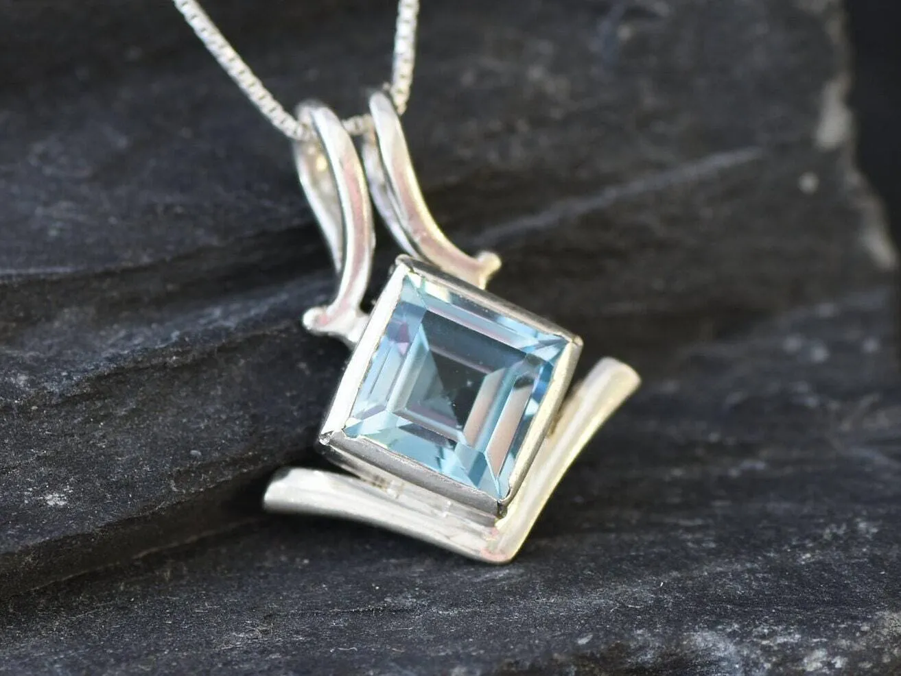 Blue Topaz Necklace - Vintage Square Necklace - Sky Blue Bezel Pendant