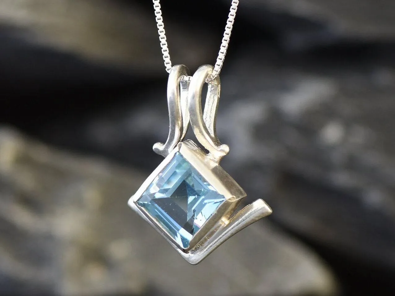 Blue Topaz Necklace - Vintage Square Necklace - Sky Blue Bezel Pendant