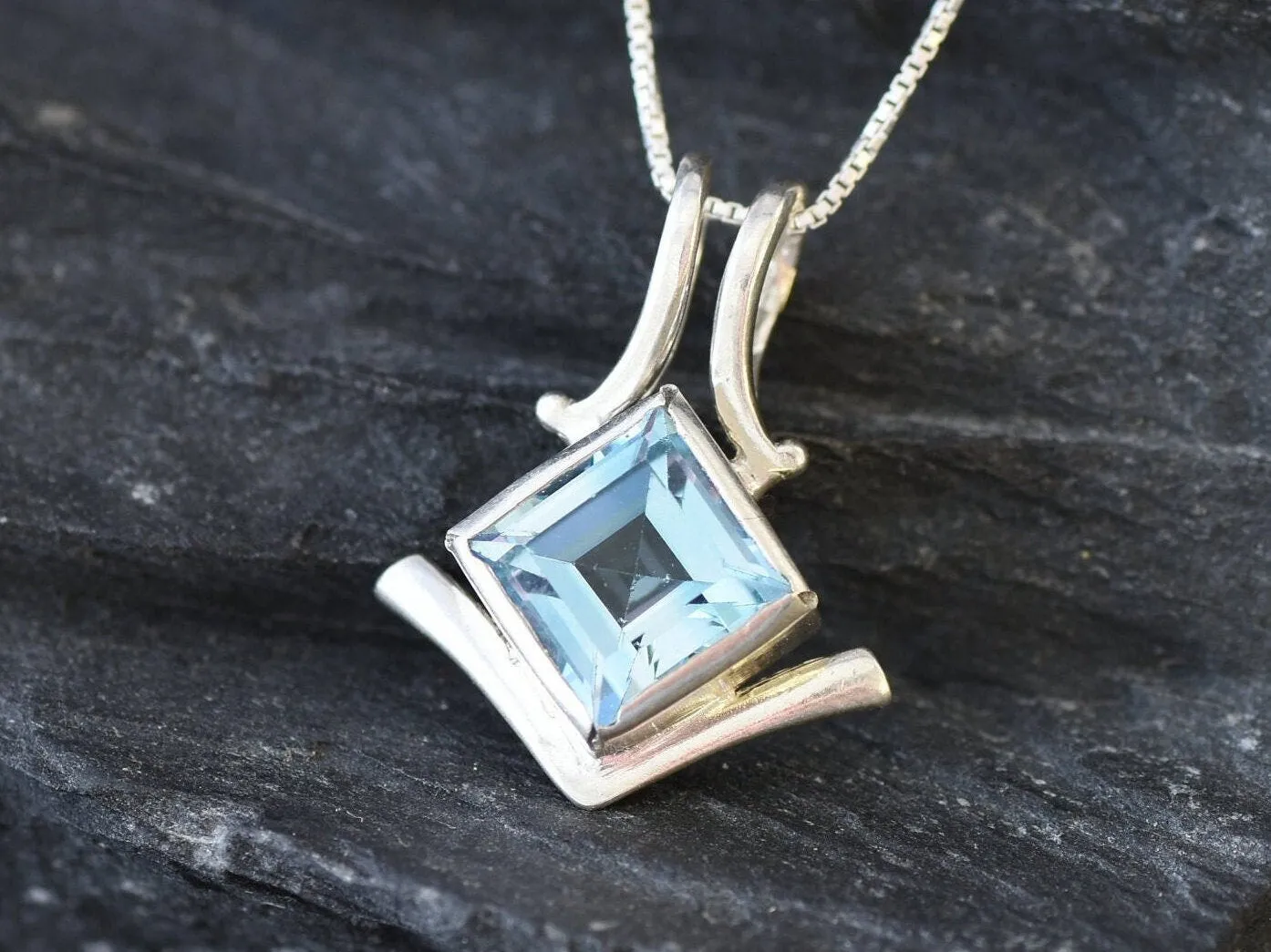 Blue Topaz Necklace - Vintage Square Necklace - Sky Blue Bezel Pendant