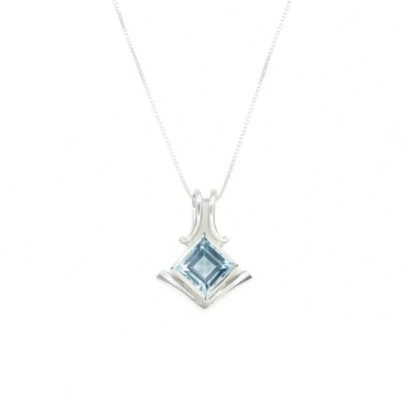 Blue Topaz Necklace - Vintage Square Necklace - Sky Blue Bezel Pendant