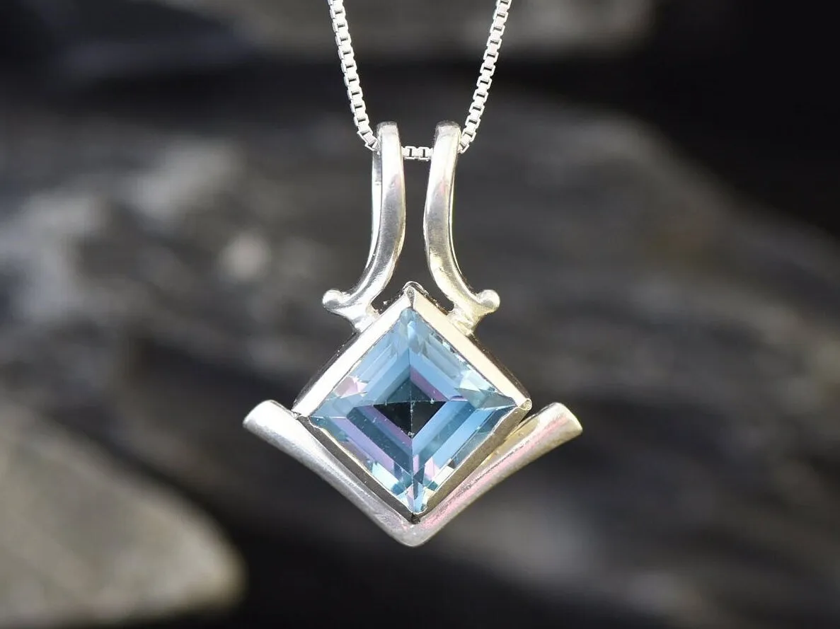 Blue Topaz Necklace - Vintage Square Necklace - Sky Blue Bezel Pendant