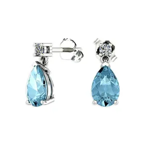 Blue Topaz Pear Drop Stud Diamond Earrings 14K White Gold