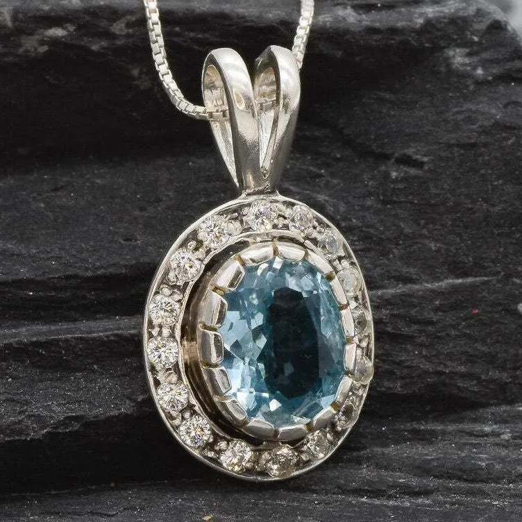 Blue Topaz Pendant - Blue Diamond Necklace  -  Vintage Oval Necklace