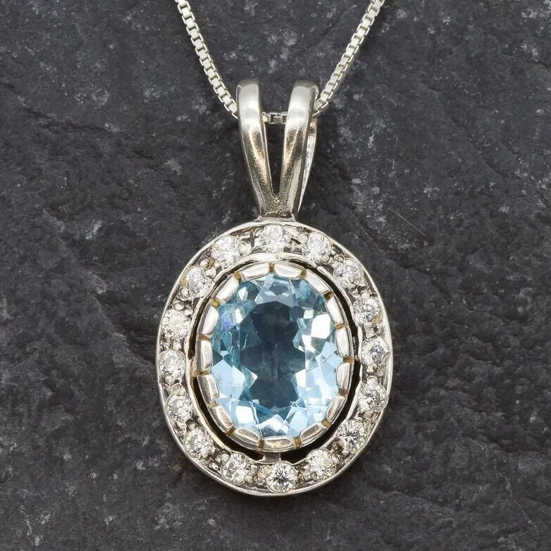 Blue Topaz Pendant - Blue Diamond Necklace  -  Vintage Oval Necklace