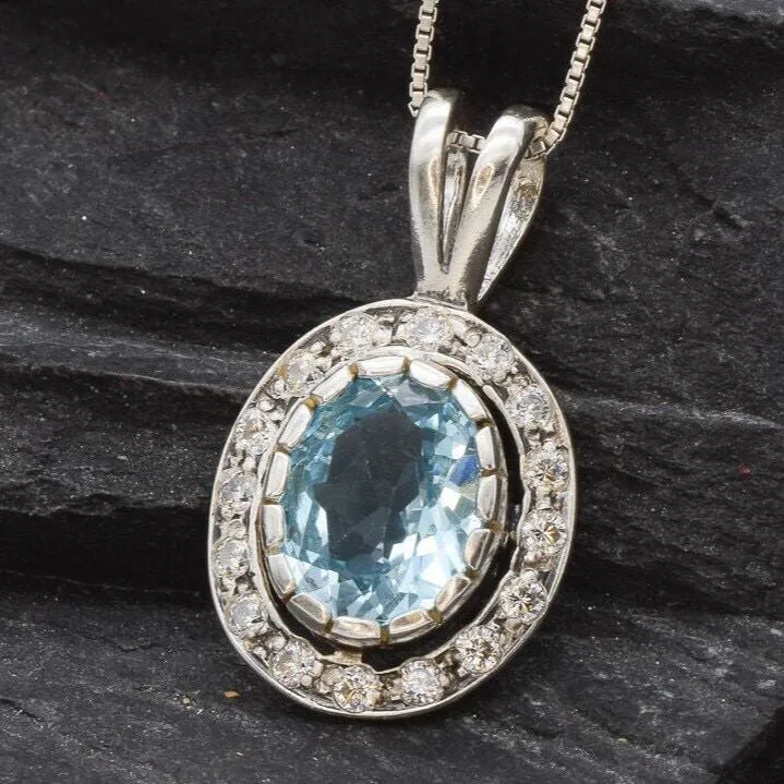 Blue Topaz Pendant - Blue Diamond Necklace  -  Vintage Oval Necklace