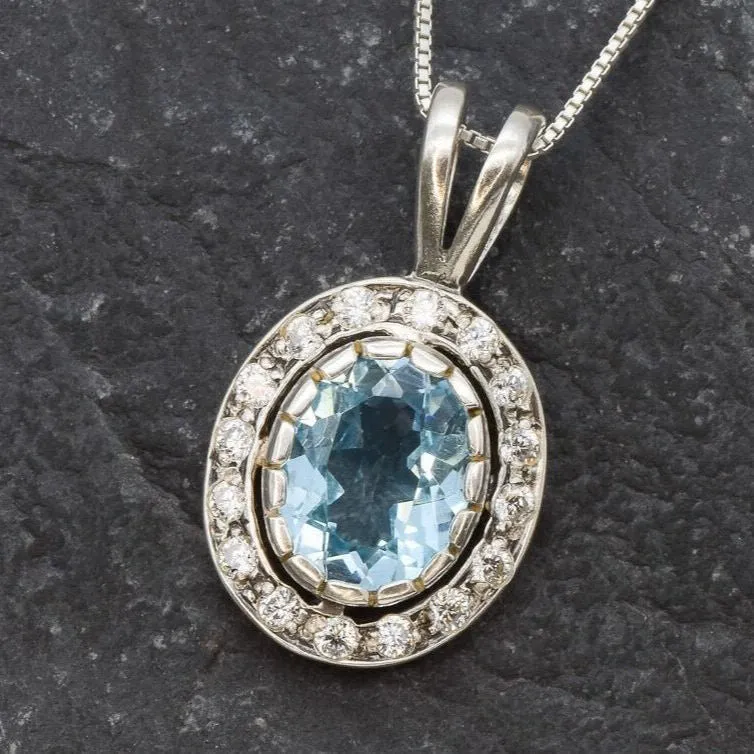 Blue Topaz Pendant - Blue Diamond Necklace  -  Vintage Oval Necklace