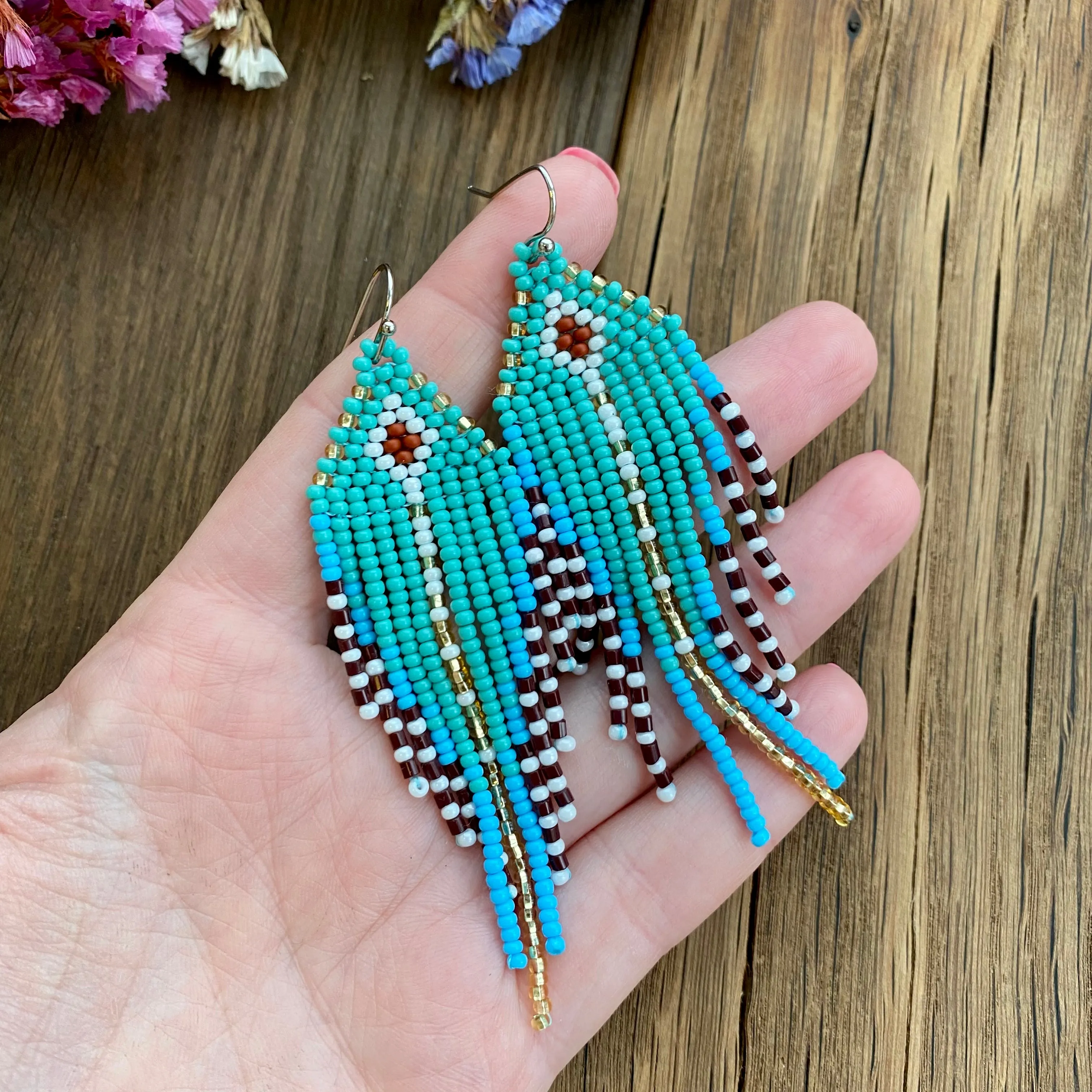 Bohemian Turquoise Seed Bead Fringe Chandelier Earrings for Womens in hippie boho style.