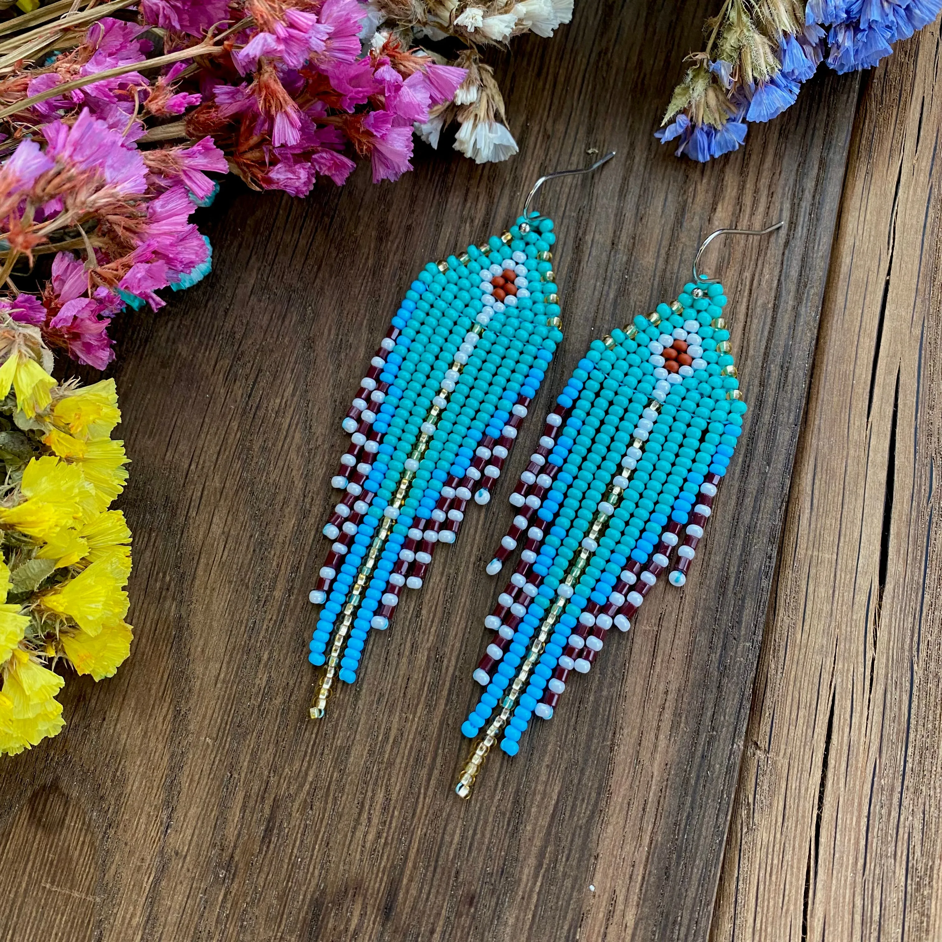 Bohemian Turquoise Seed Bead Fringe Chandelier Earrings for Womens in hippie boho style.