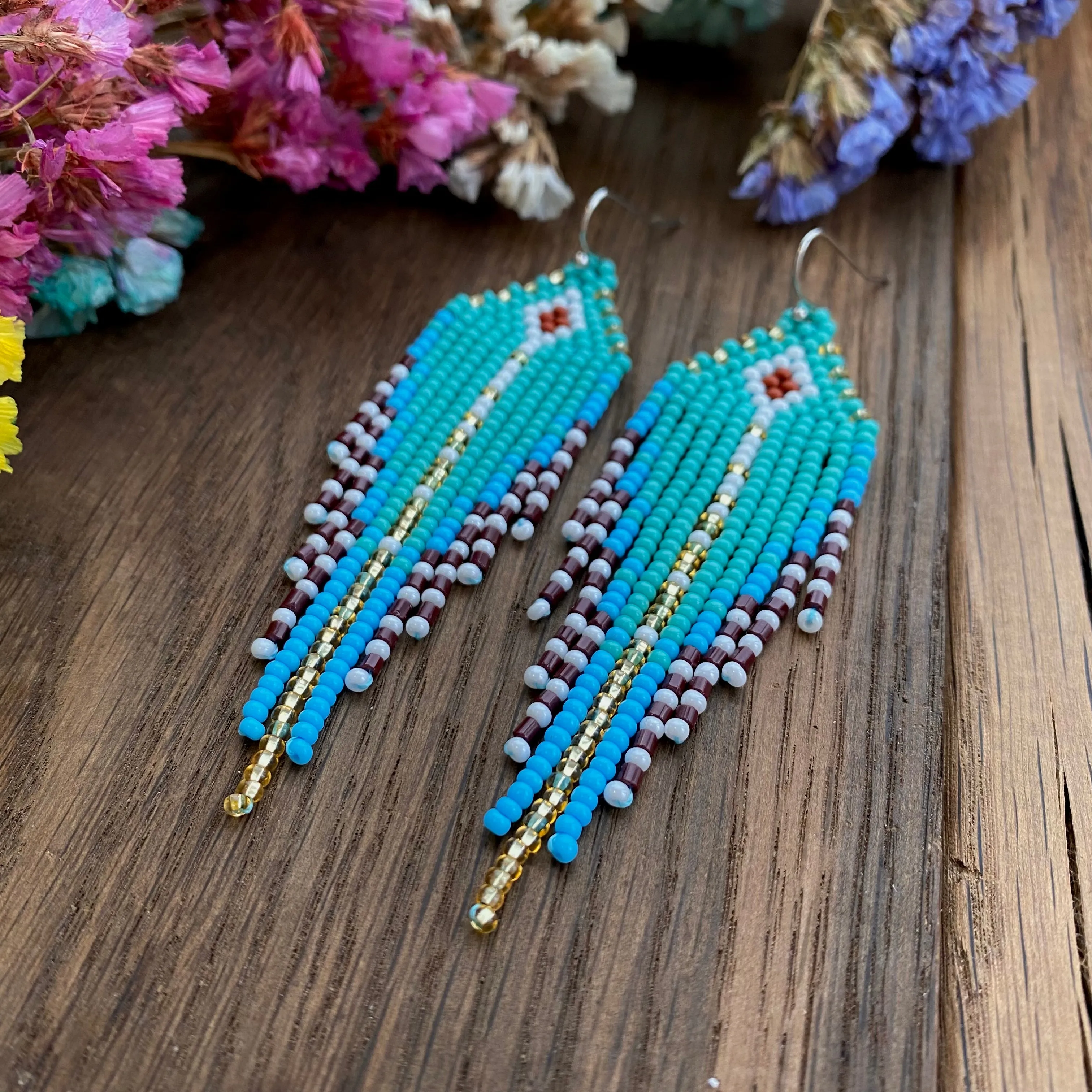 Bohemian Turquoise Seed Bead Fringe Chandelier Earrings for Womens in hippie boho style.