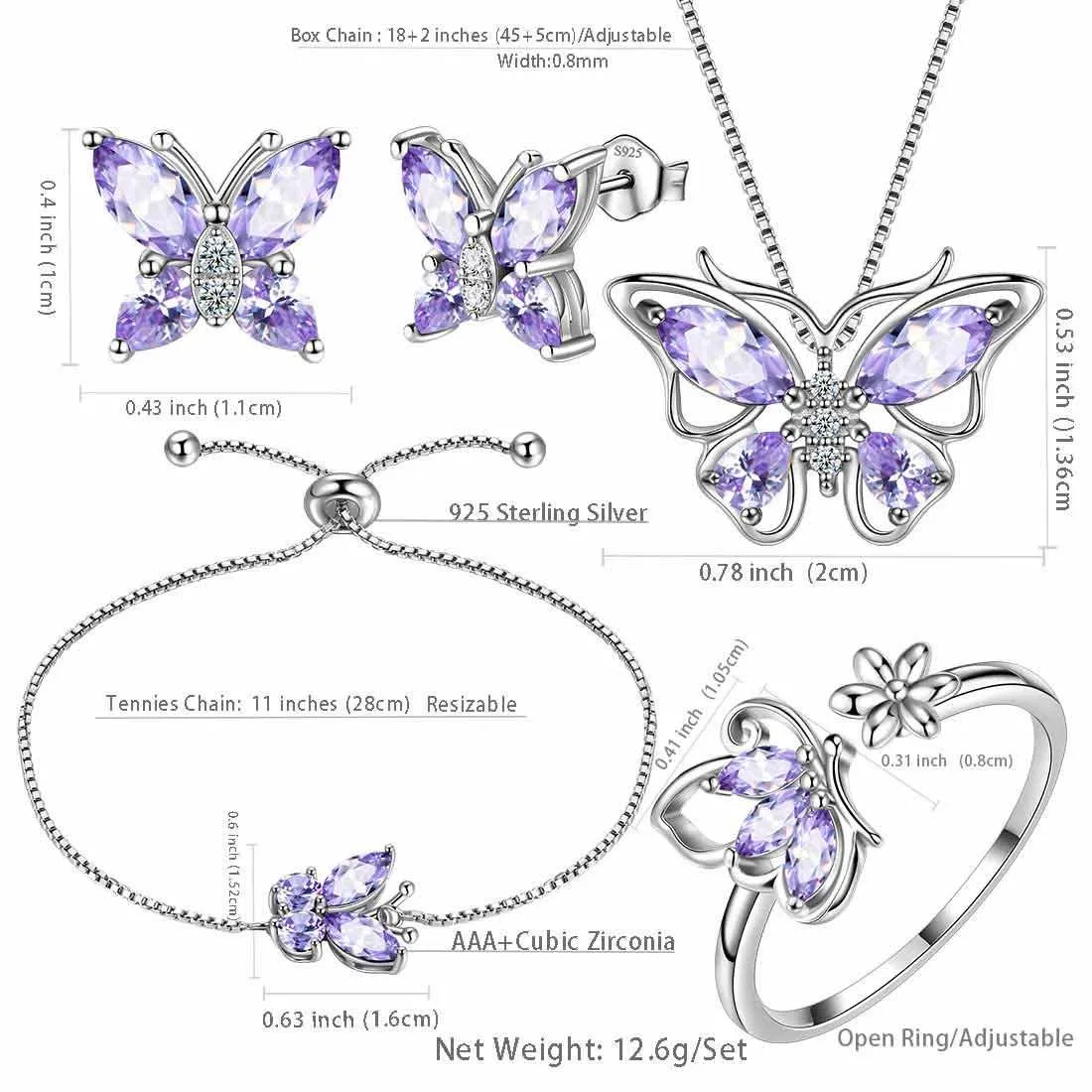 Butterfly Birthstone June Alexandrite Jewelry Set 5PCS Women Girls Birthday Gift