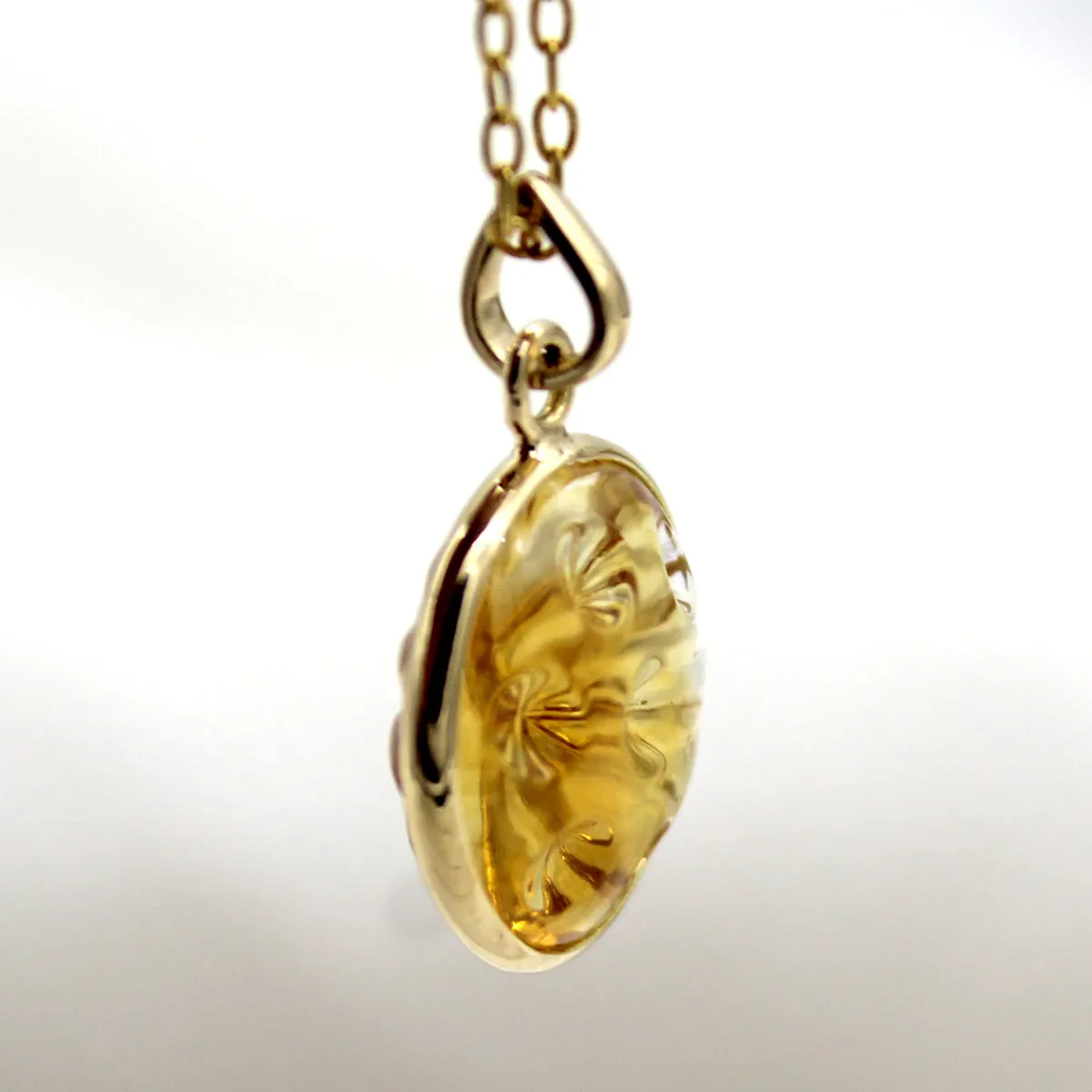 Carved Natural Citrine Round Pendant 18k Solid Yellow Gold