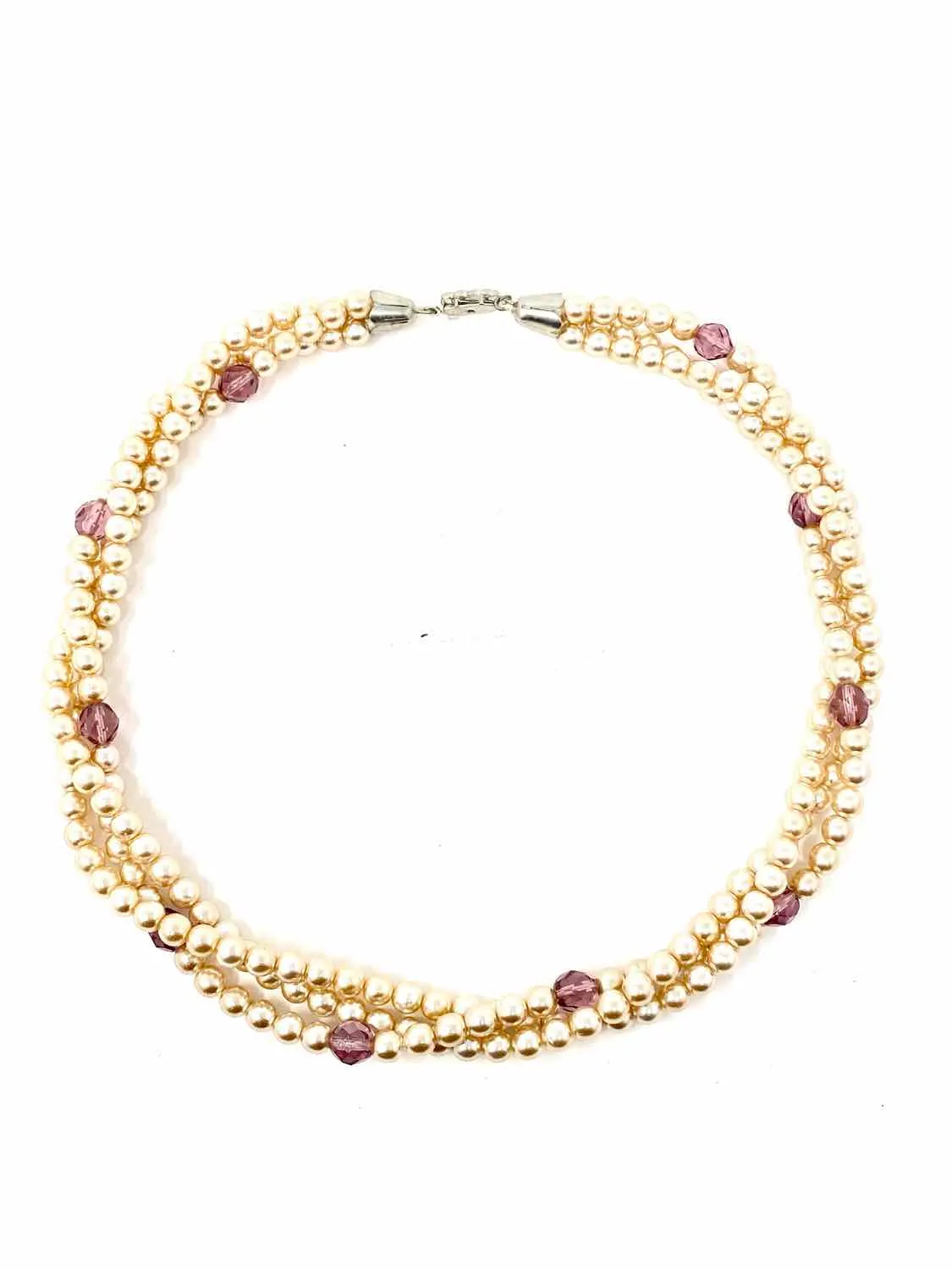 Champagne 3 Strand Pearl Amethyst Necklace