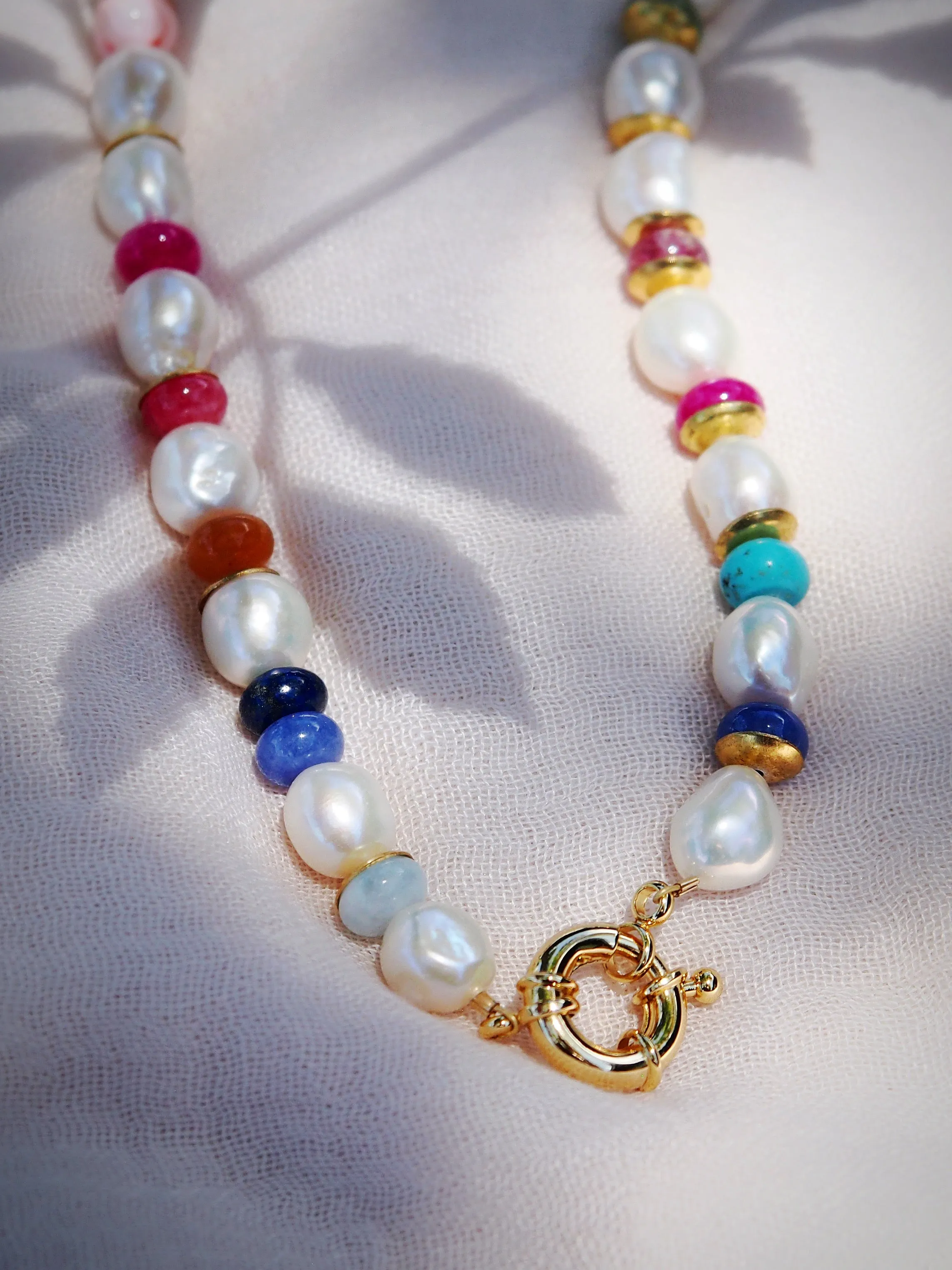 Chunky Candy Gemstone and Pearl Necklace - Momona