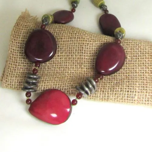 Chunky Tagua Nut Necklace in Maroon Olive and Hot Pink Beads