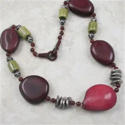 Chunky Tagua Nut Necklace in Maroon Olive and Hot Pink Beads