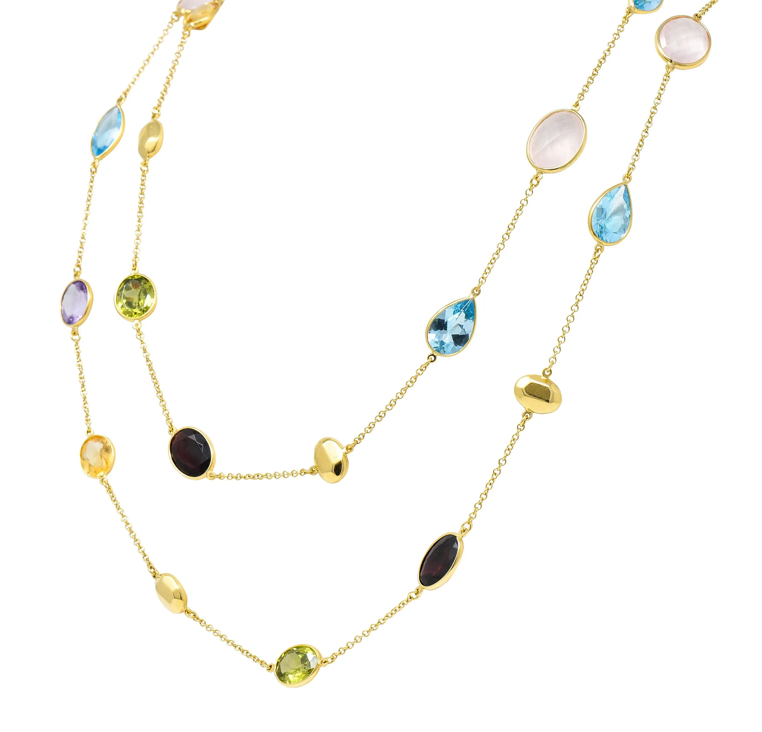 Citrine Garnet Amethyst Multi-Gem 18 Karat Gold Gemstone Station Long Chain Necklace