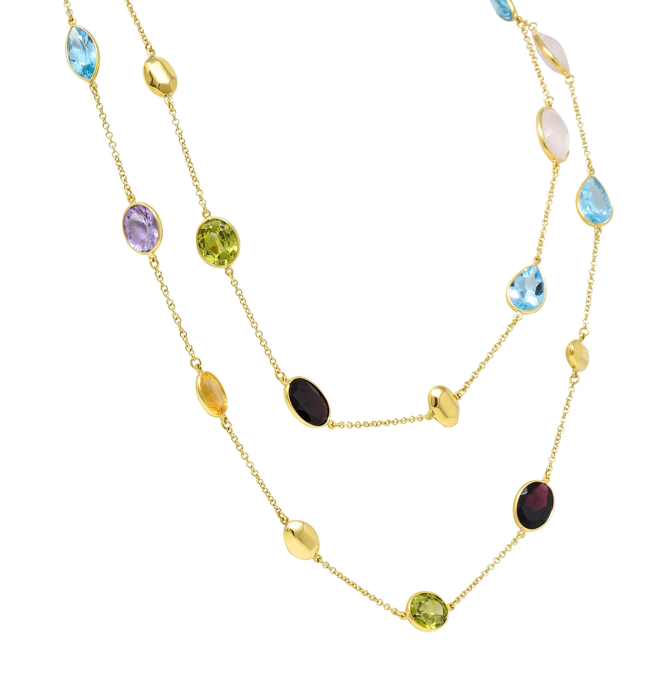 Citrine Garnet Amethyst Multi-Gem 18 Karat Gold Gemstone Station Long Chain Necklace