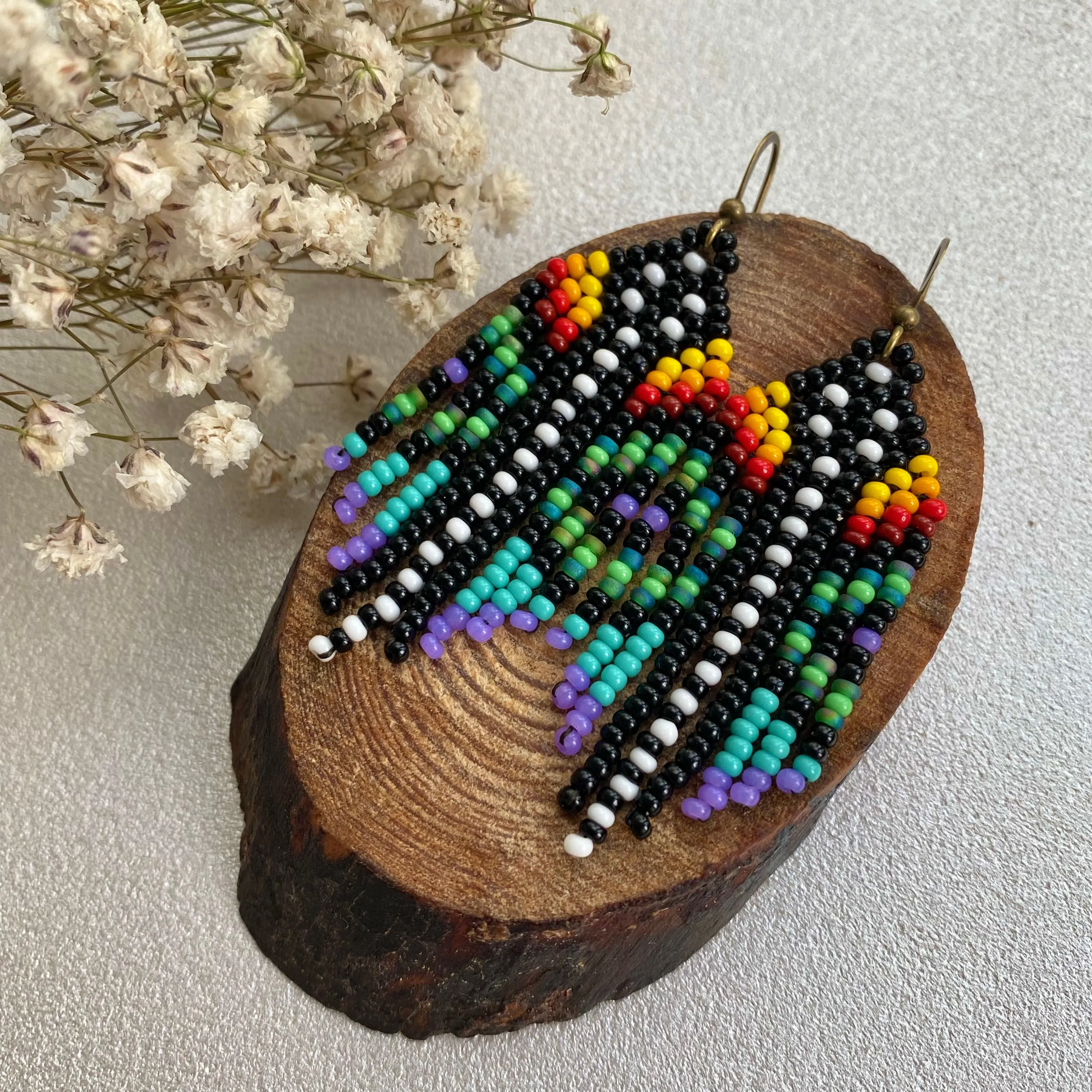 Colorful Small Fringe Seed Bead Earrings, Hippie Boho Chandelier Earrings for Women, Indigenous style Earrings Native inspired