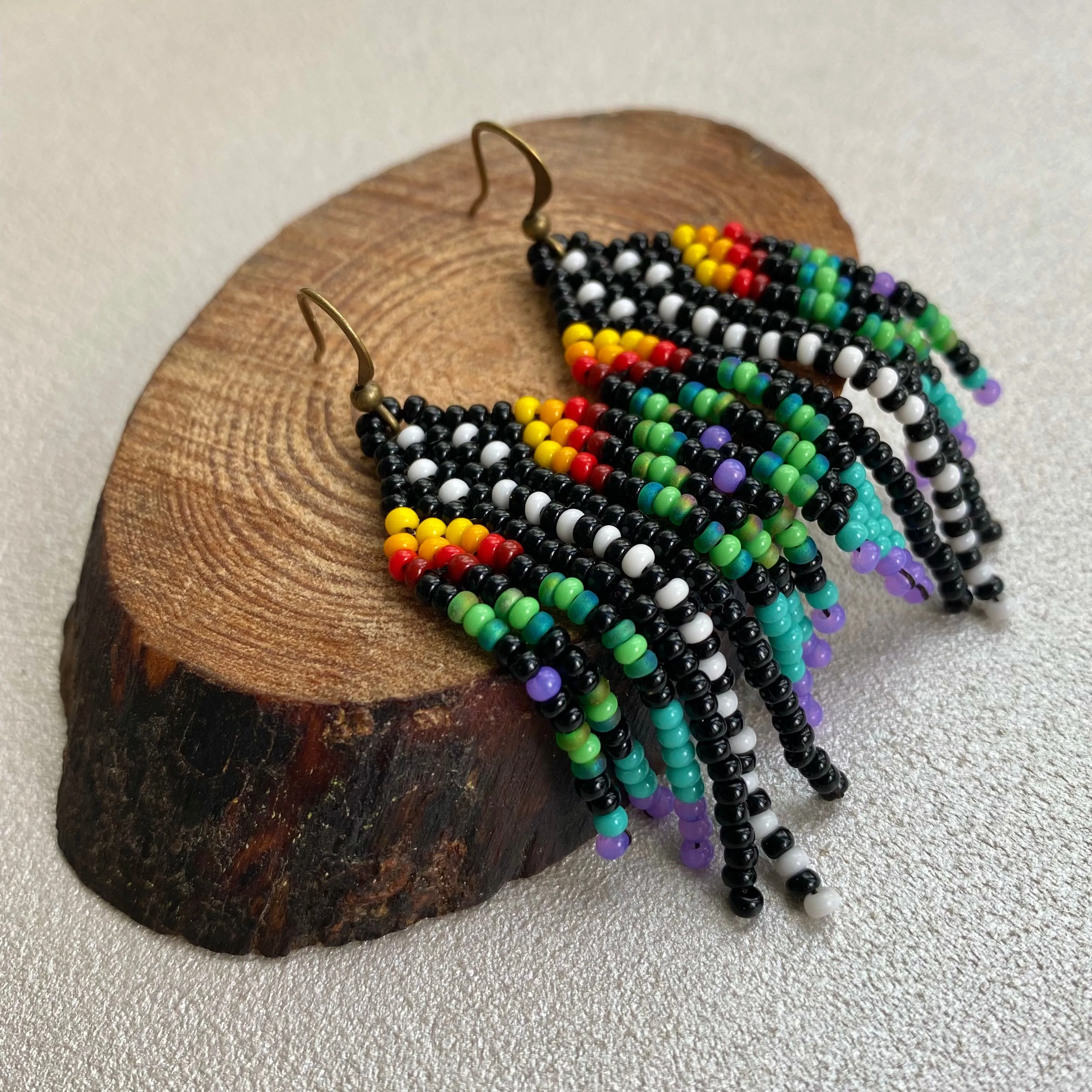 Colorful Small Fringe Seed Bead Earrings, Hippie Boho Chandelier Earrings for Women, Indigenous style Earrings Native inspired