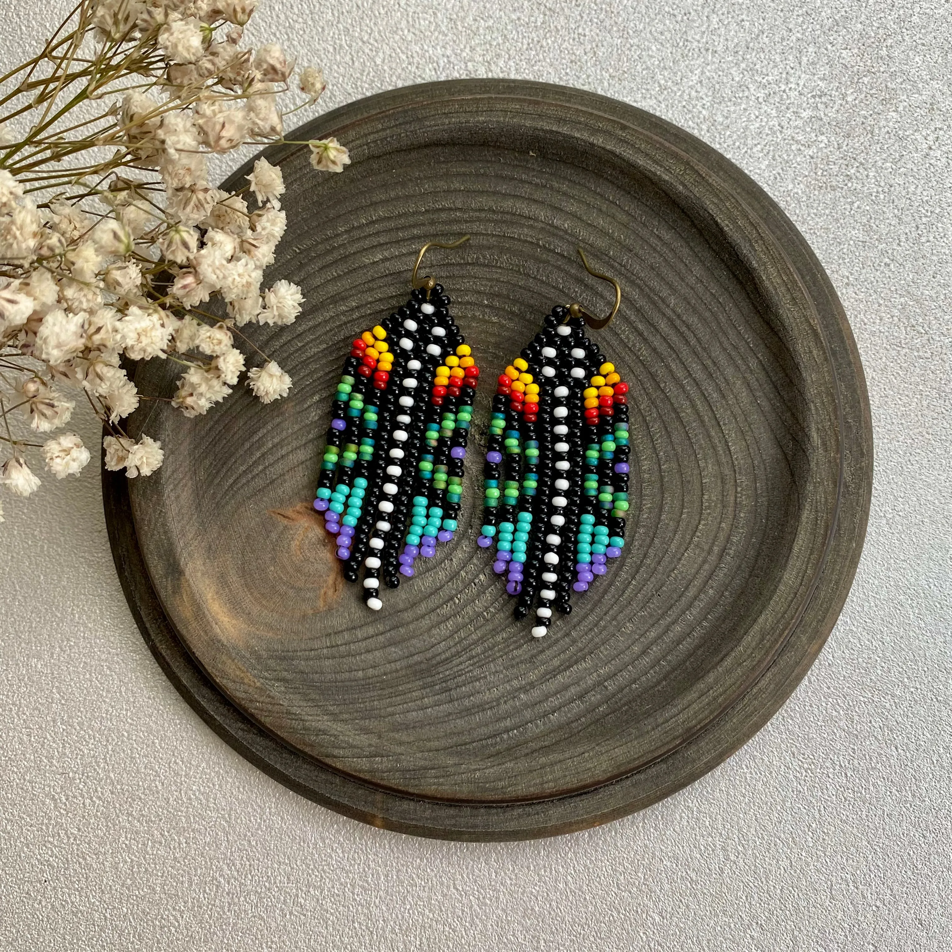 Colorful Small Fringe Seed Bead Earrings, Hippie Boho Chandelier Earrings for Women, Indigenous style Earrings Native inspired