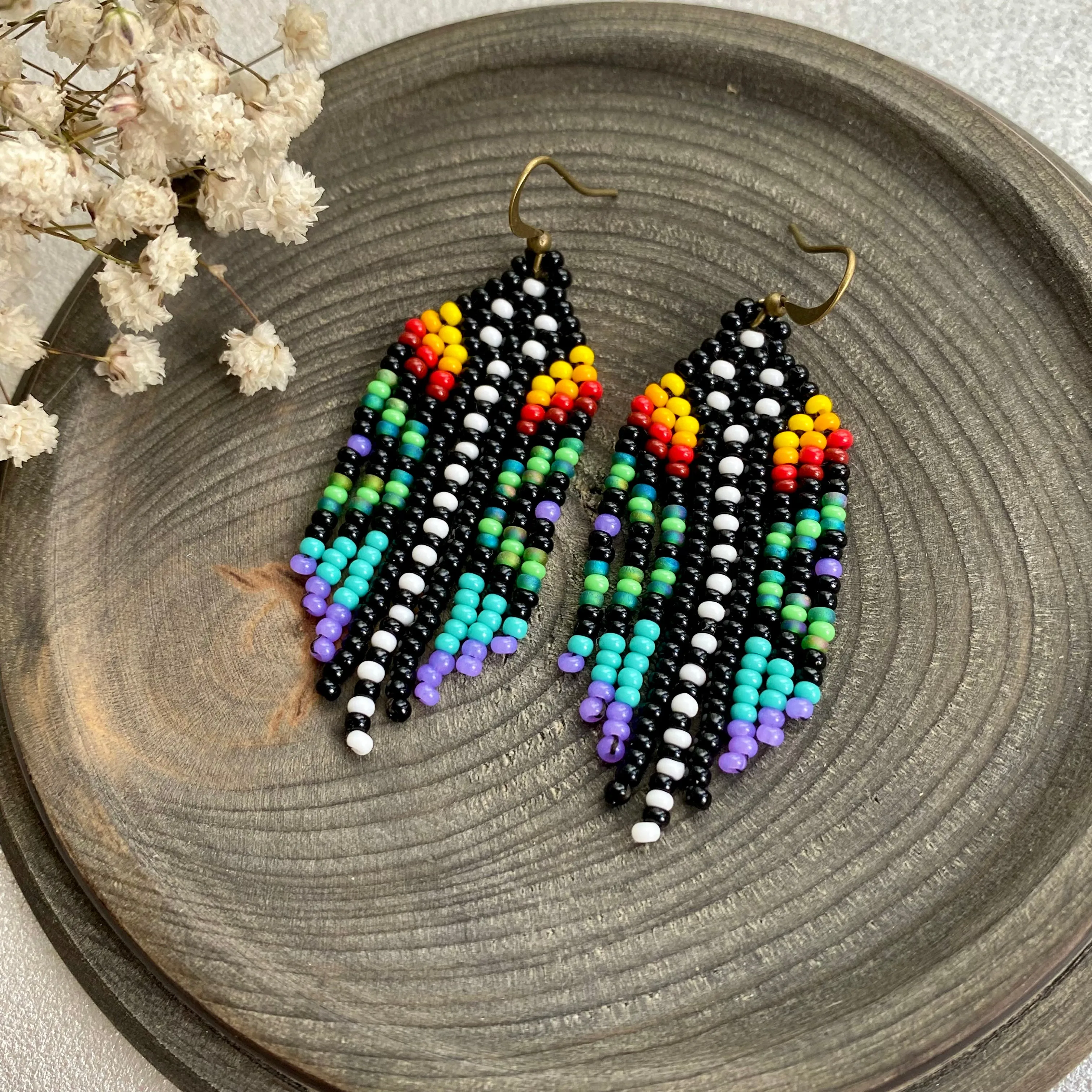 Colorful Small Fringe Seed Bead Earrings, Hippie Boho Chandelier Earrings for Women, Indigenous style Earrings Native inspired