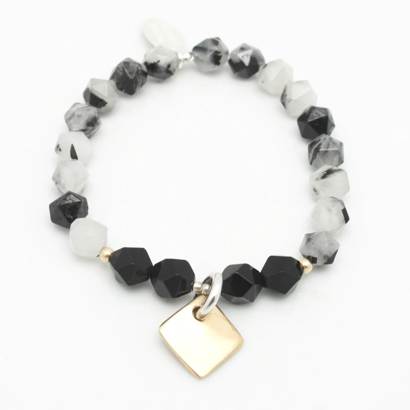 Contour Collection:  Black Rutilated Quartz Starcut Beaded Stretch Bracelet