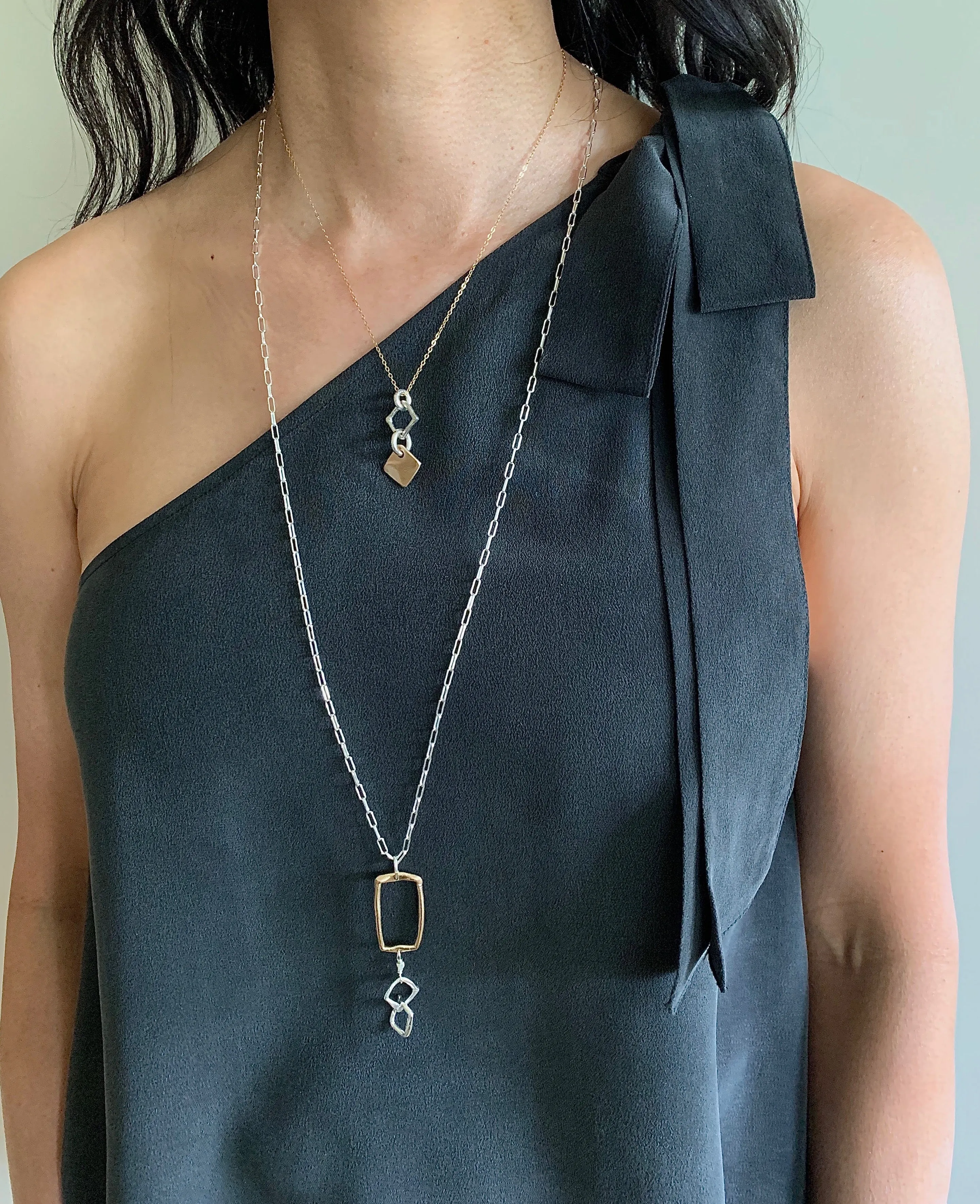 Contour Collection:  Bronze Diamond Pendant and Silver Link Short Necklace