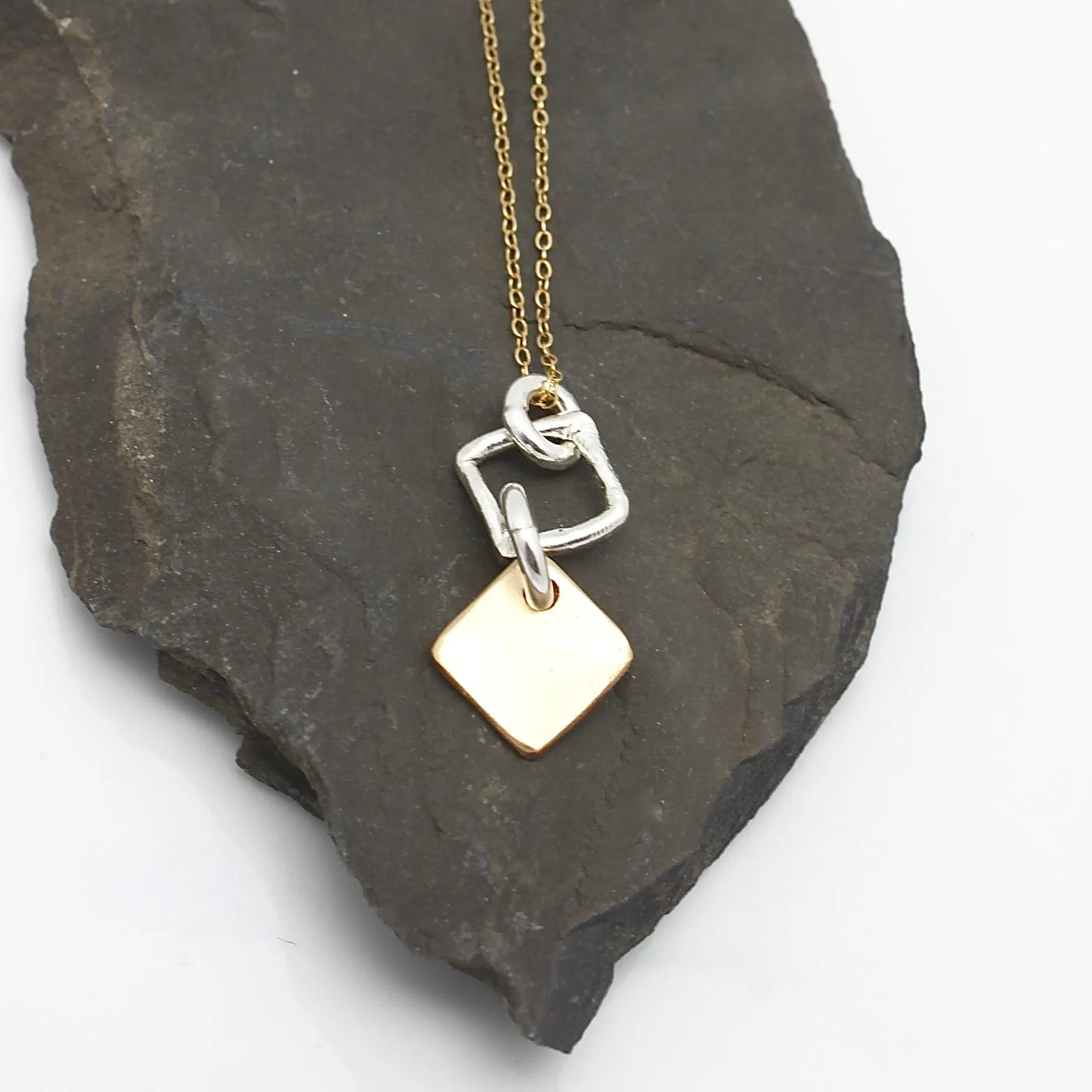 Contour Collection:  Bronze Diamond Pendant and Silver Link Short Necklace