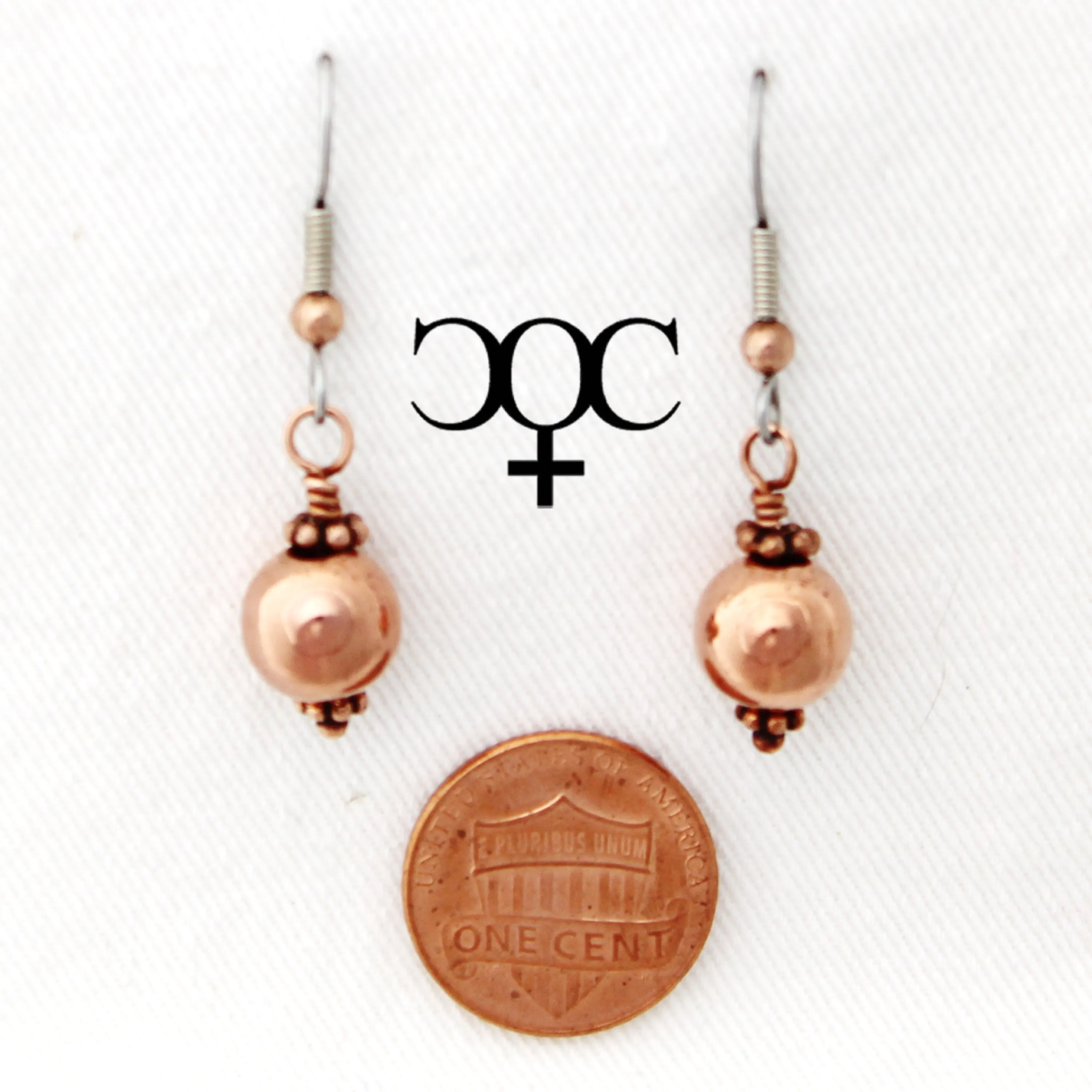 Copper Bauble Drop Earrings EC9M Solid Copper 9mm Round Ornate Bead Earrings