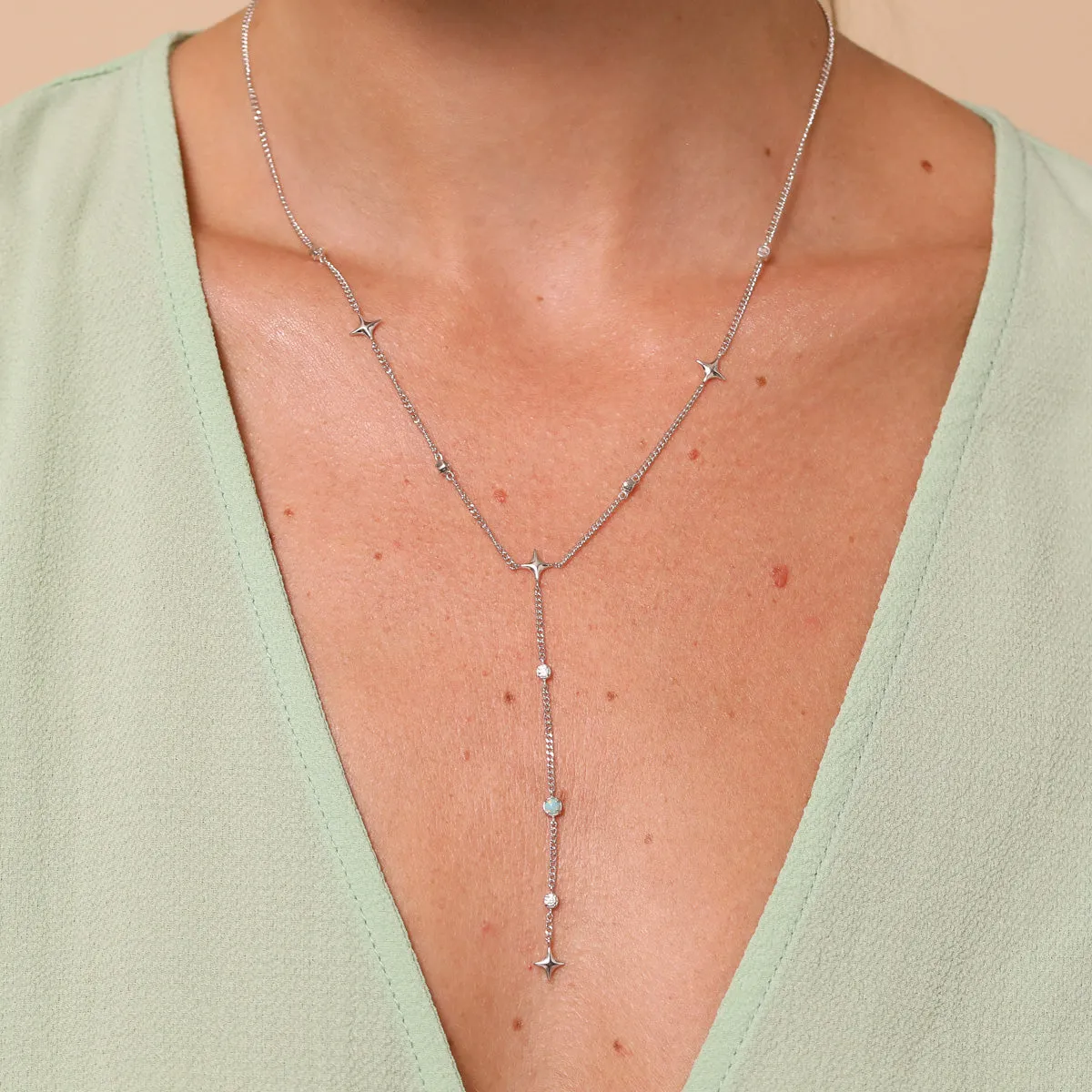 Cosmic Star Opal Lariat Necklace in Silver