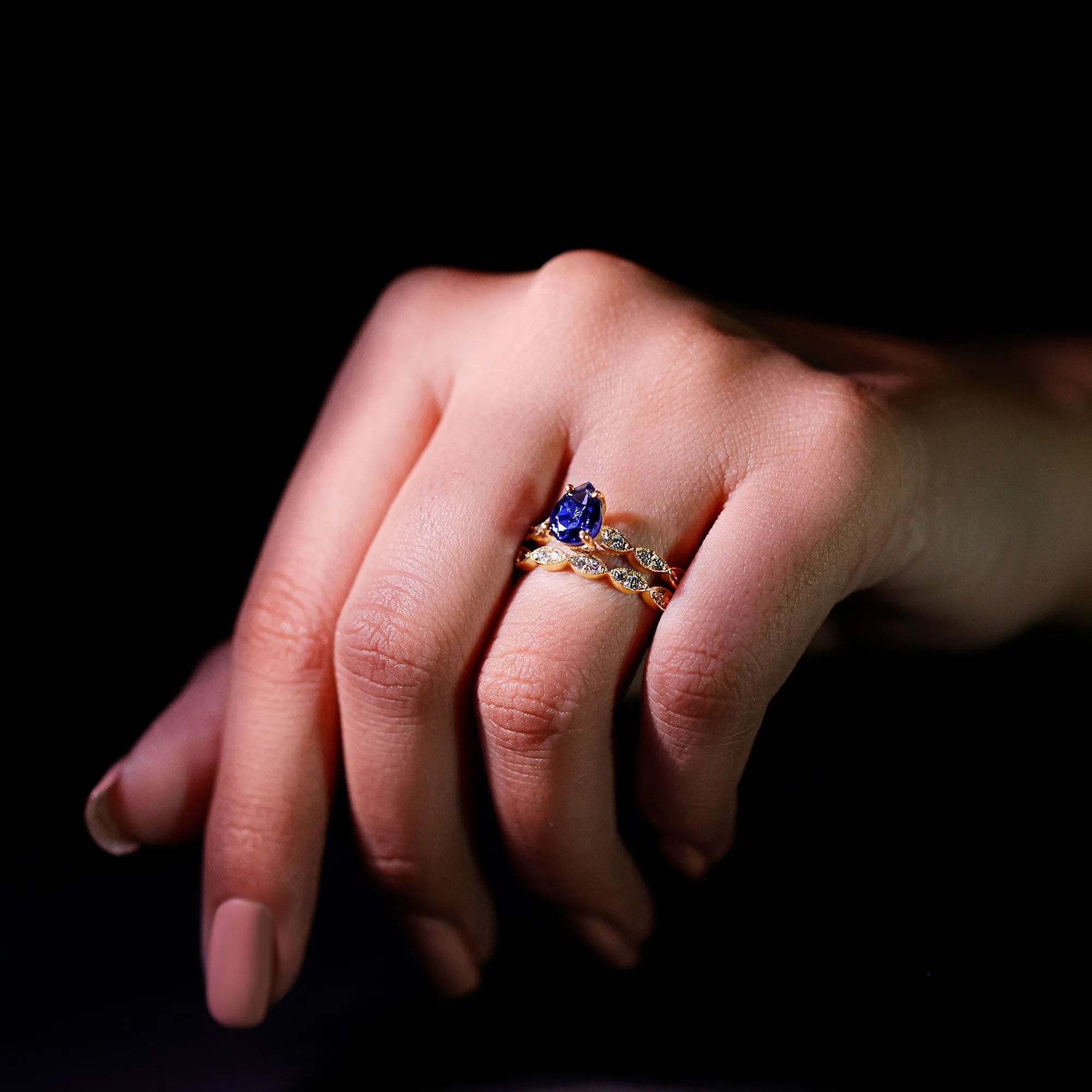 Created Blue Sapphire Wedding Ring Set With Diamond