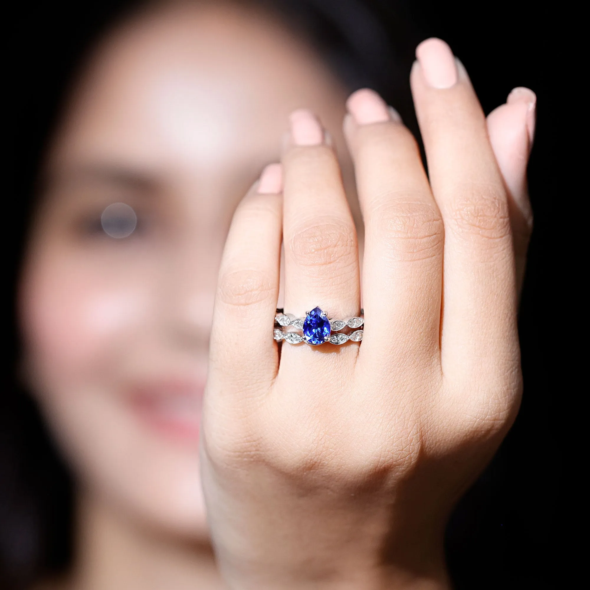 Created Blue Sapphire Wedding Ring Set With Diamond