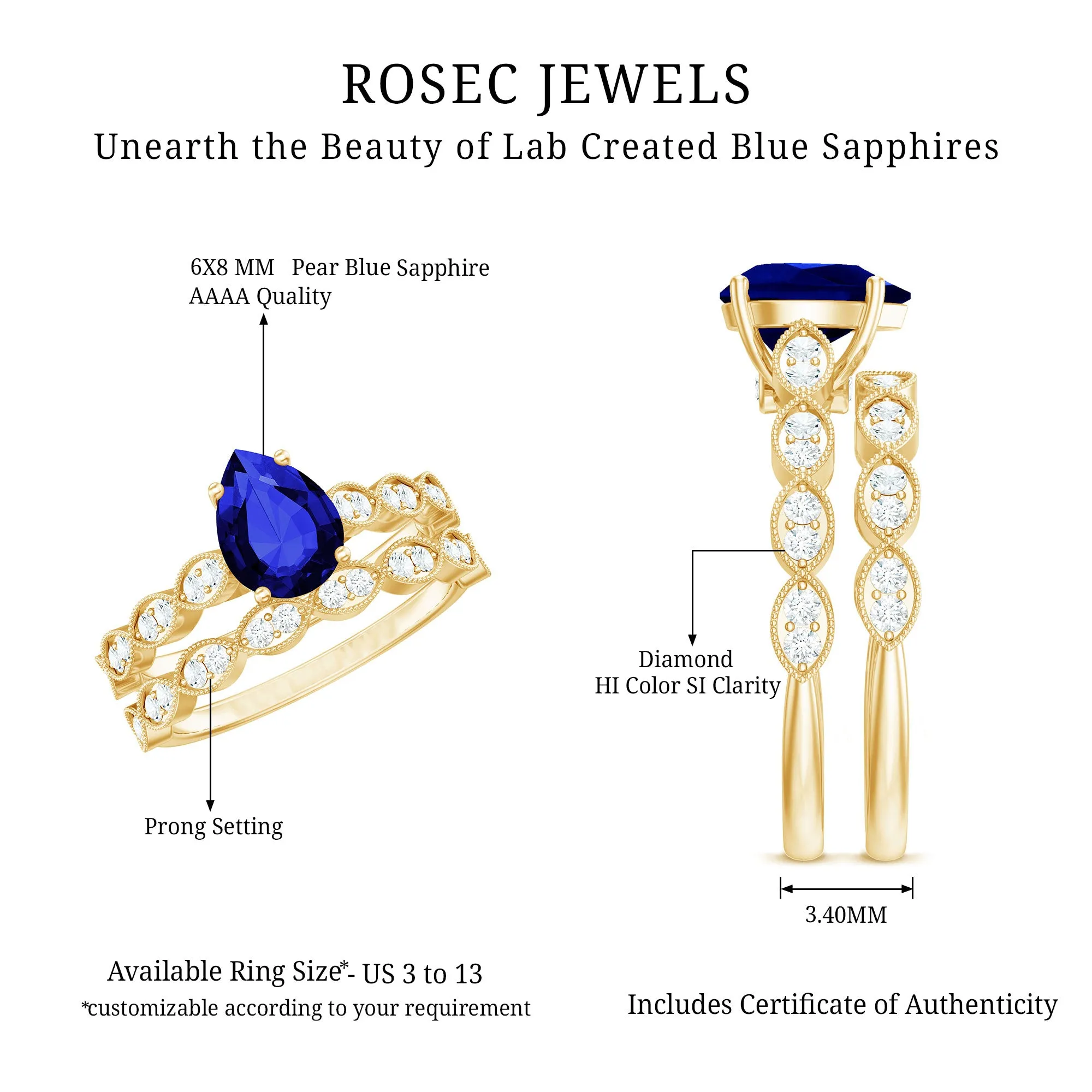 Created Blue Sapphire Wedding Ring Set With Diamond