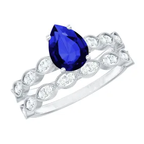 Created Blue Sapphire Wedding Ring Set With Diamond