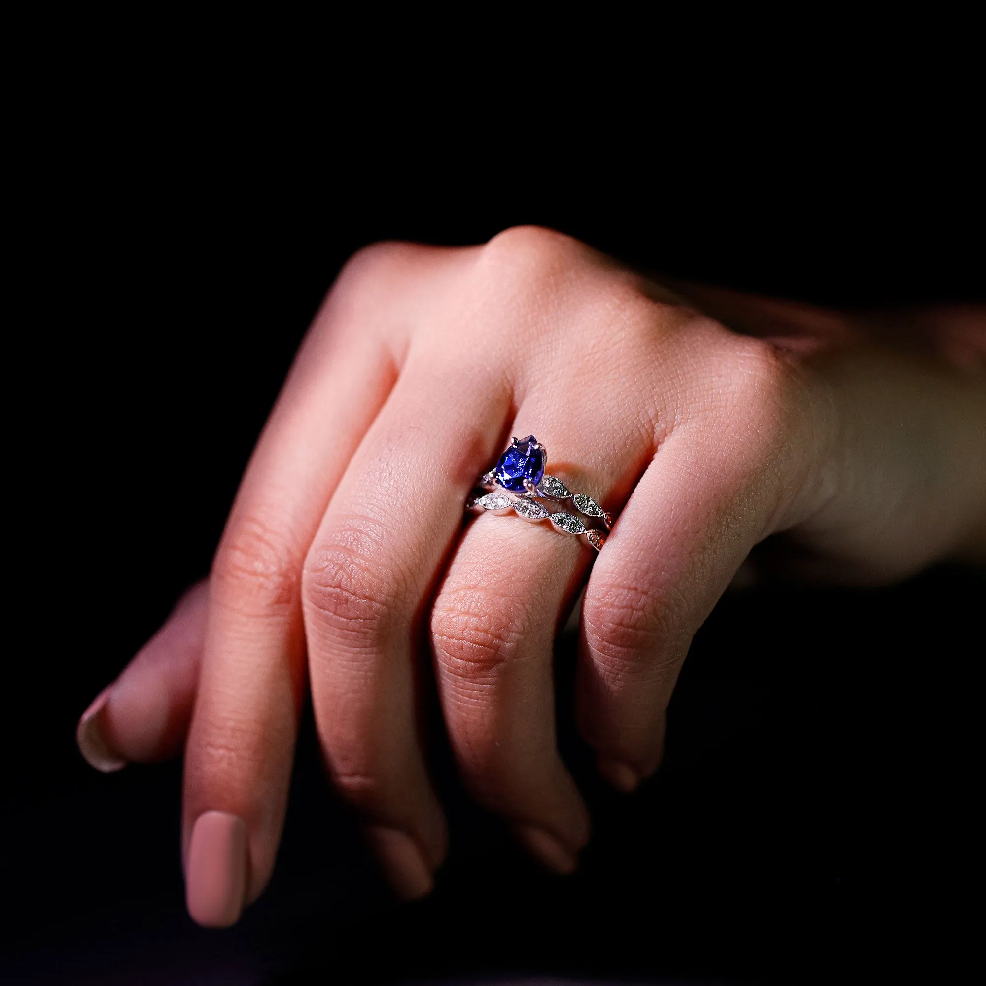 Created Blue Sapphire Wedding Ring Set With Diamond