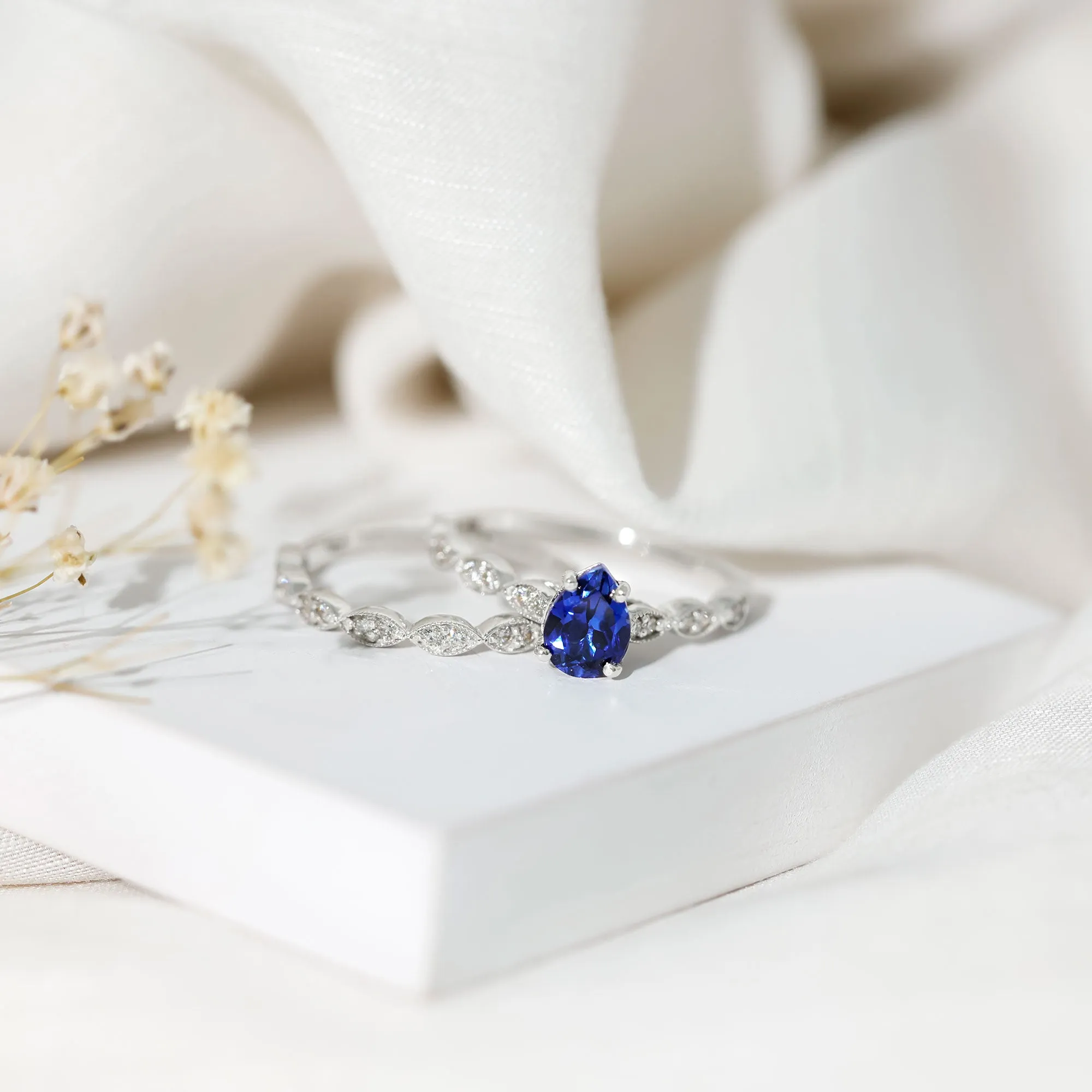 Created Blue Sapphire Wedding Ring Set With Diamond