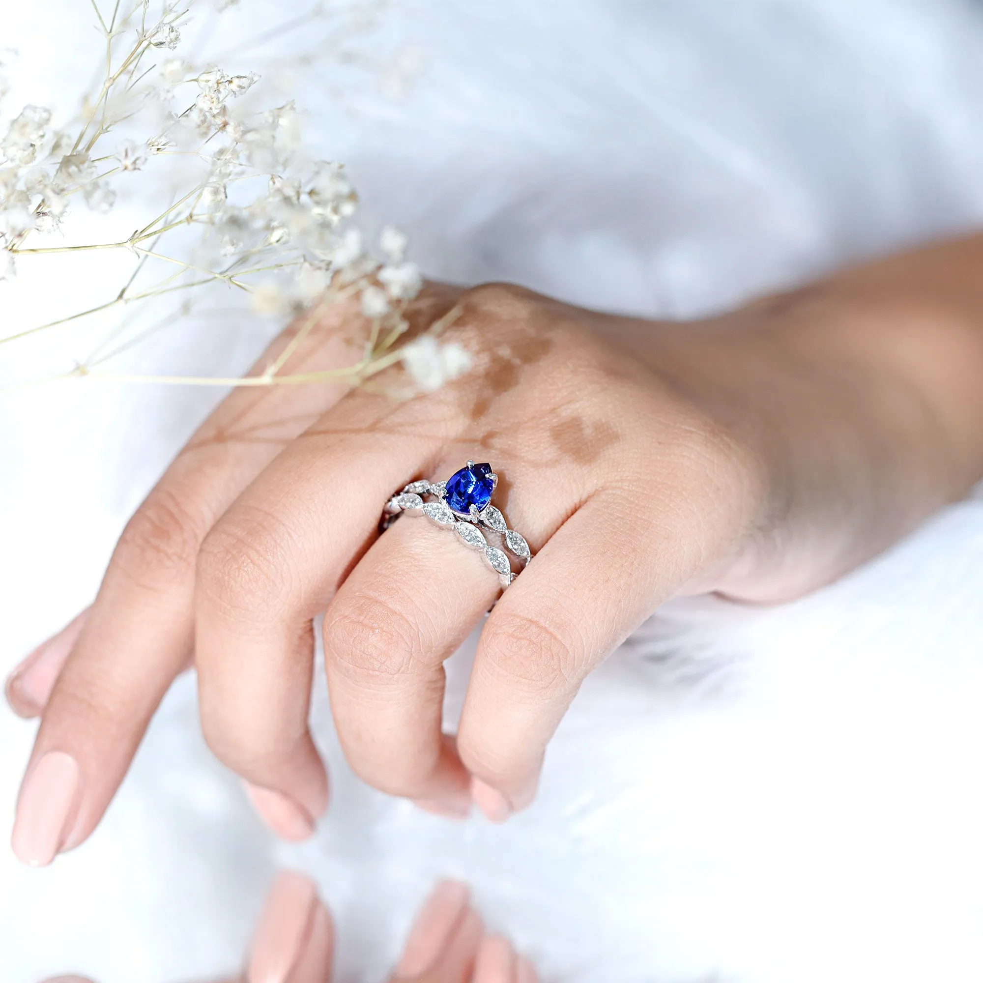 Created Blue Sapphire Wedding Ring Set With Diamond