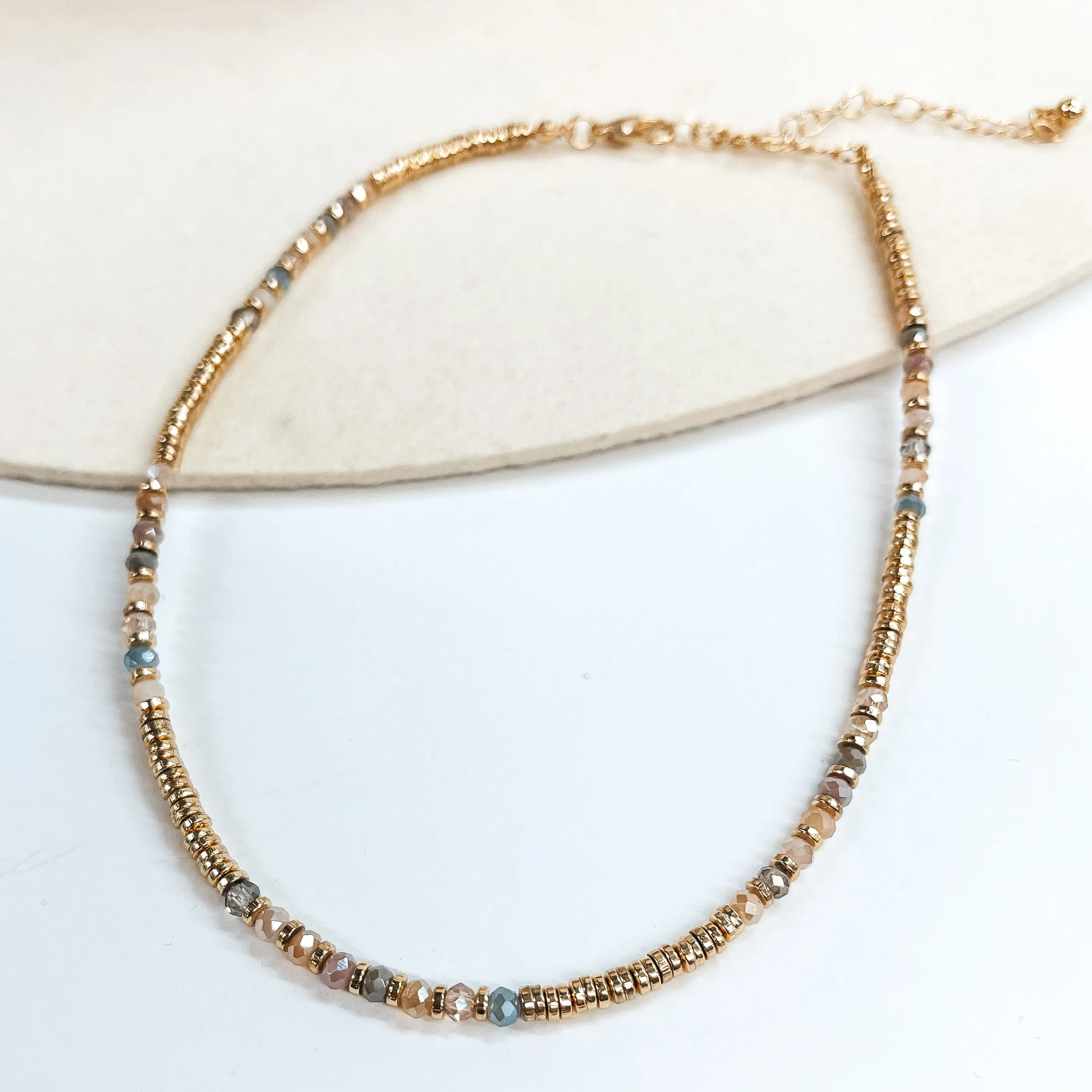 Crystal and Disc Beaded Choker Necklace with Gold Spacers in Neutral Mix