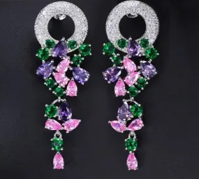 Cubic Zirconia Fashion Long Dangle Drop Multicolored CZ Earrings