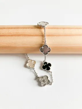 Cubic Zirconia, Mixed Mother of Pearl, and Onyx Small Quatrefoil Bracelet in Gold