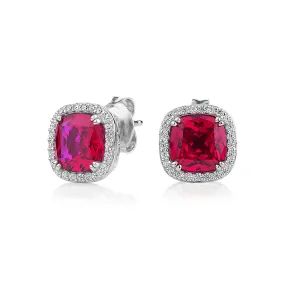 Cushion and Round Brilliant halo stud earrings with ruby simulants and 0.25 carats* of diamond simulants in sterling silver