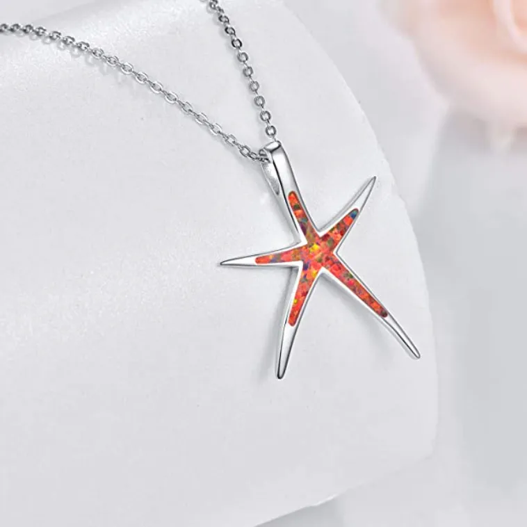 Cute Starfish Necklace Pendant Chain Star Fish Ocean Tropical Opal Jewelry Hawaiian Gift 925 Sterling Silver