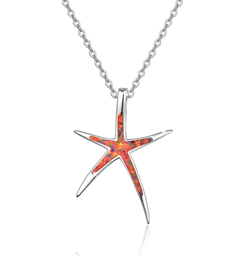 Cute Starfish Necklace Pendant Chain Star Fish Ocean Tropical Opal Jewelry Hawaiian Gift 925 Sterling Silver