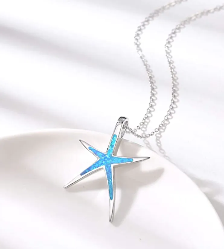 Cute Starfish Necklace Pendant Chain Star Fish Ocean Tropical Opal Jewelry Hawaiian Gift 925 Sterling Silver