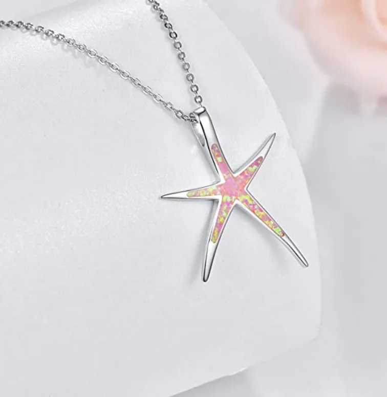 Cute Starfish Necklace Pendant Chain Star Fish Ocean Tropical Opal Jewelry Hawaiian Gift 925 Sterling Silver